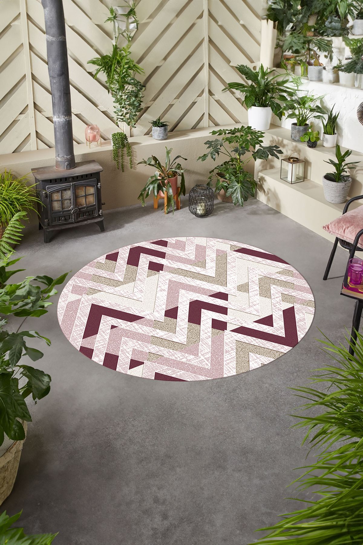 Napoli Home Baskılı Modern Sade Zigzag Desen Yıkanabilir Kaymaz Yuvarlak Mutfak Salon Halısı,MODERN-Y-142-PEMBE,