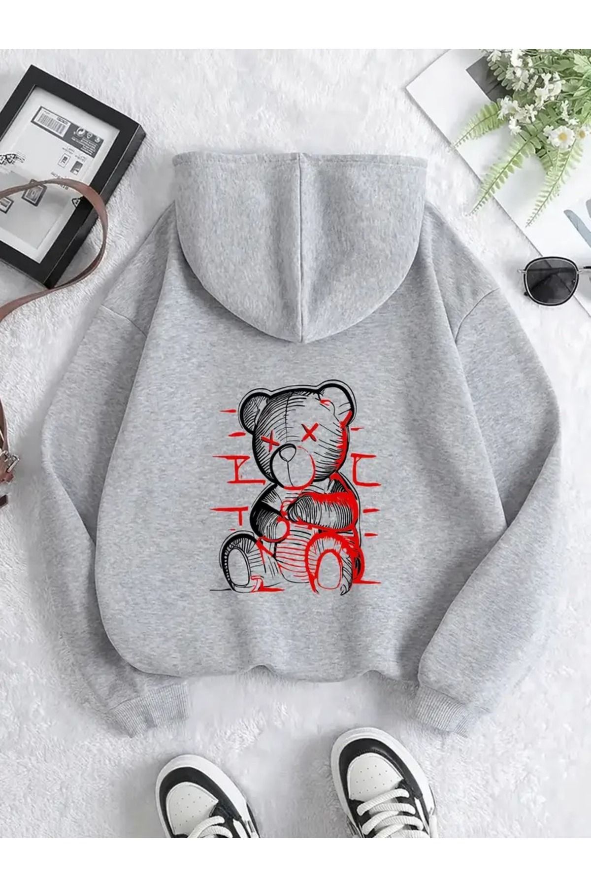 LAND MODA Unisex Siyah Kapüşonlu Baskılı Sweatshirt