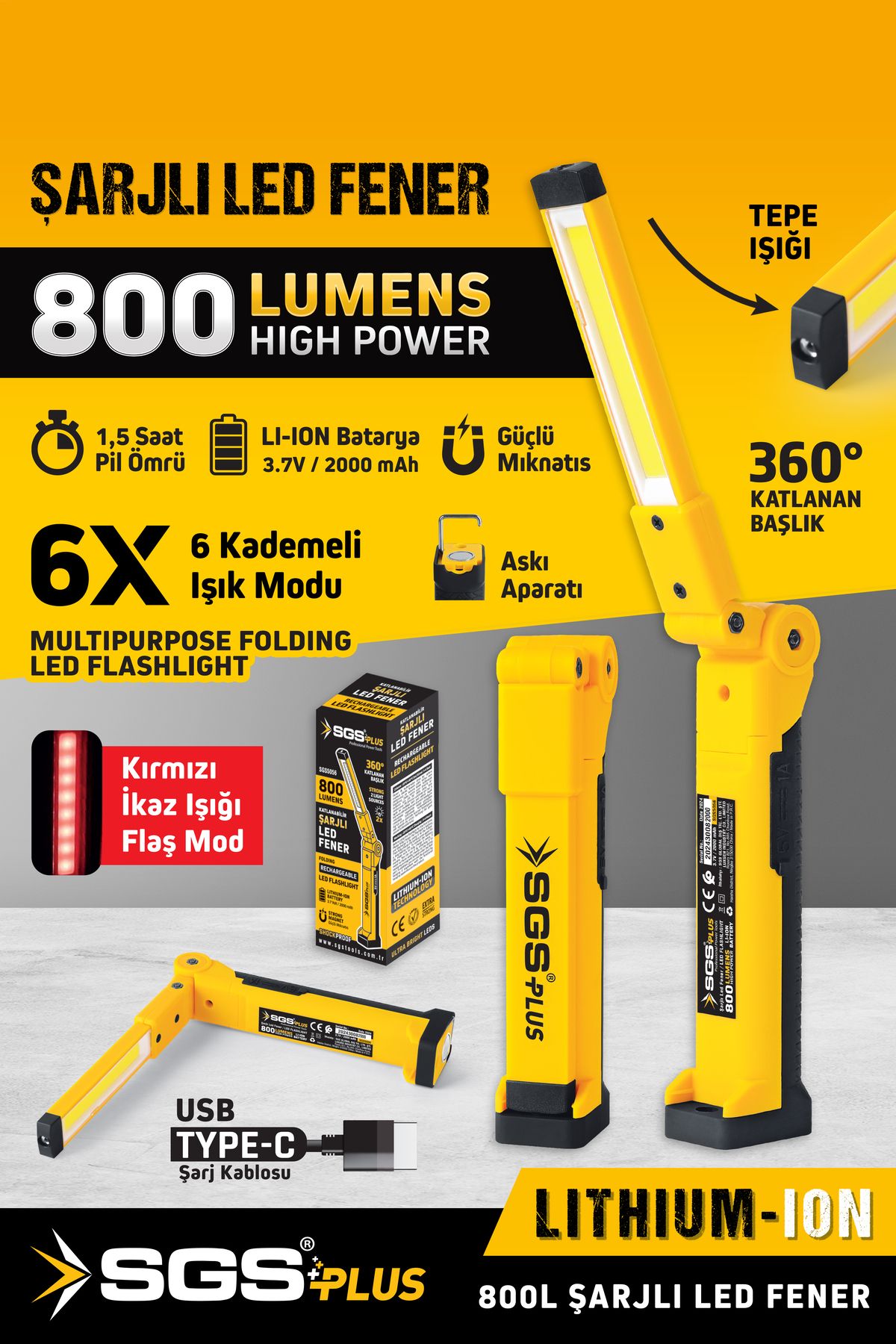 SGS PLUS SGS5056 Katlanabilir Şarjlı Led Fener 800 Lumen 3.7 Volt Mıknatıslı