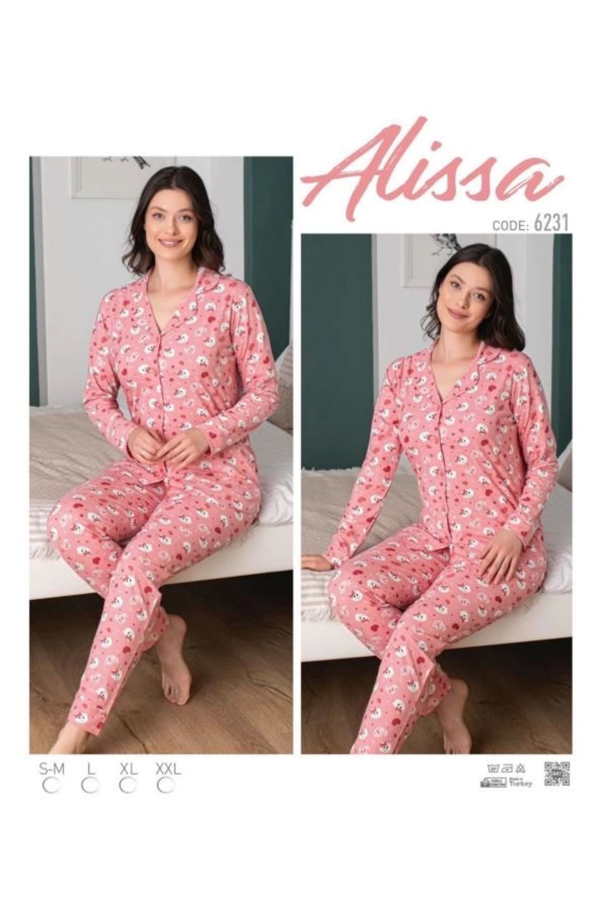 ZenWave BSMA Alissa 6231 Önü Düğmeli Kedi Desenli Pijama Takımı