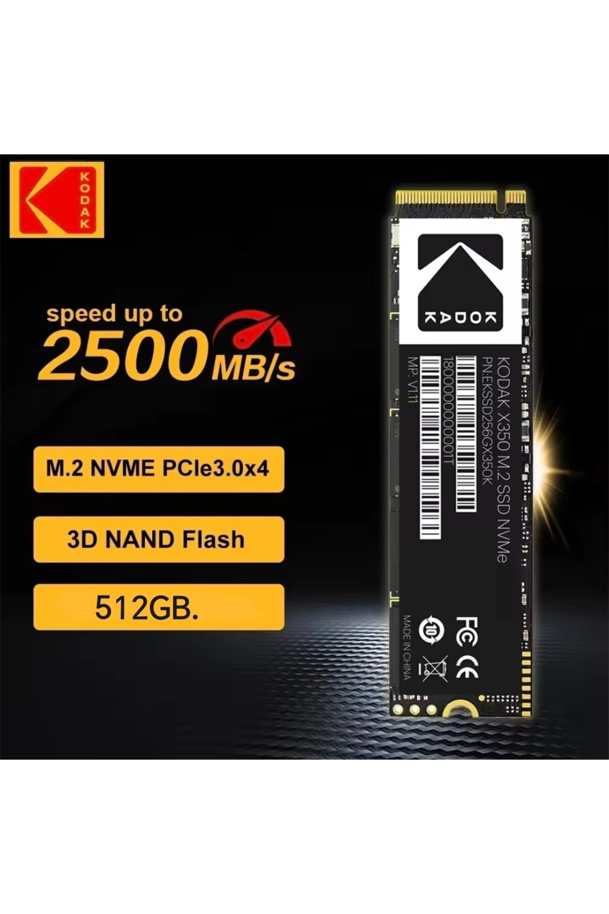 Kodak 512gb. X350 Ssd M.2 2280 Ce Lisanslı Nvme Pcle Gen 3.0x4 Yüksek Hızlı 2500mbs.