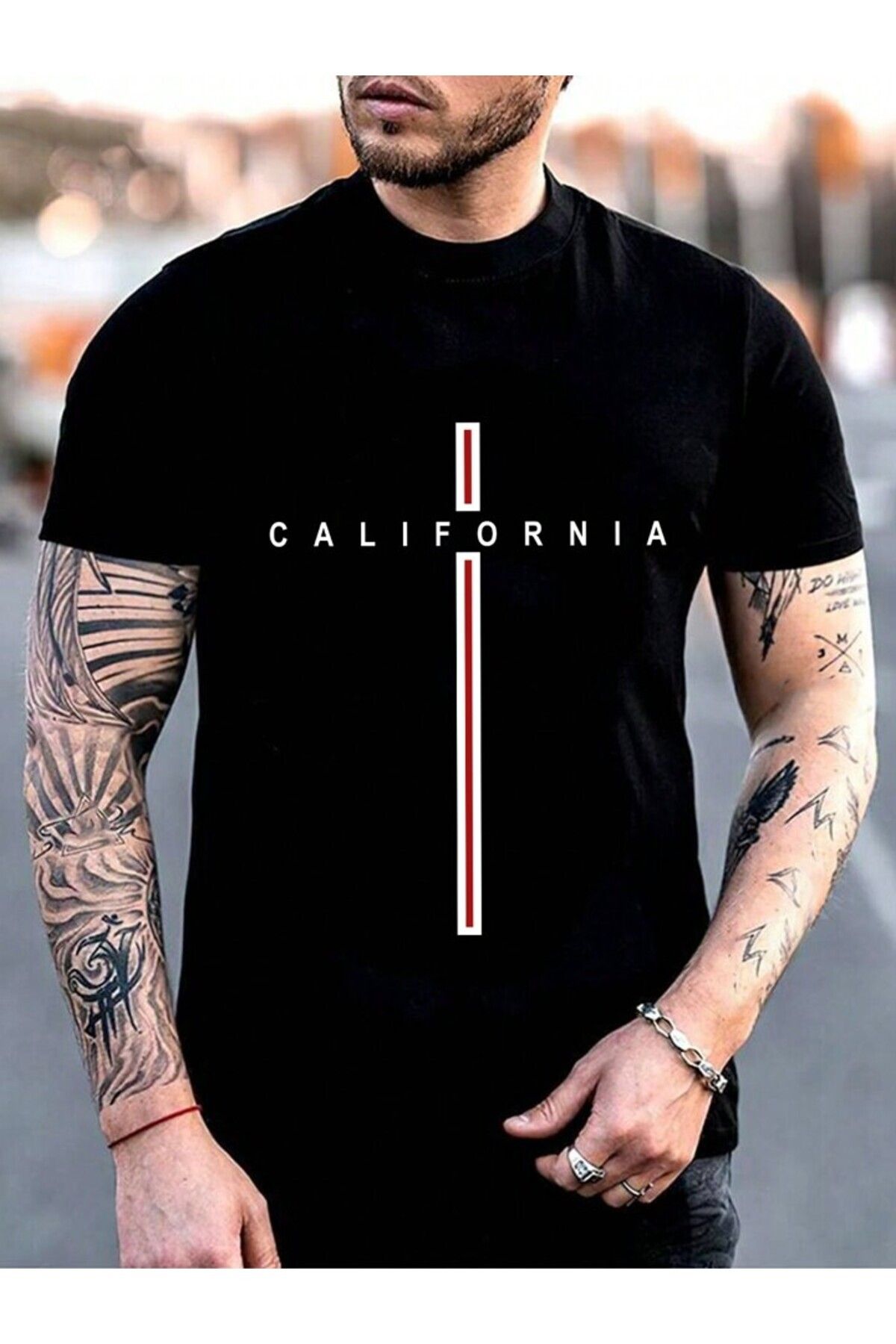 Boi Unisex California Şerit Baskılı Oversize T-shirt-Kısa Kol Pamuklu Bol Tişört