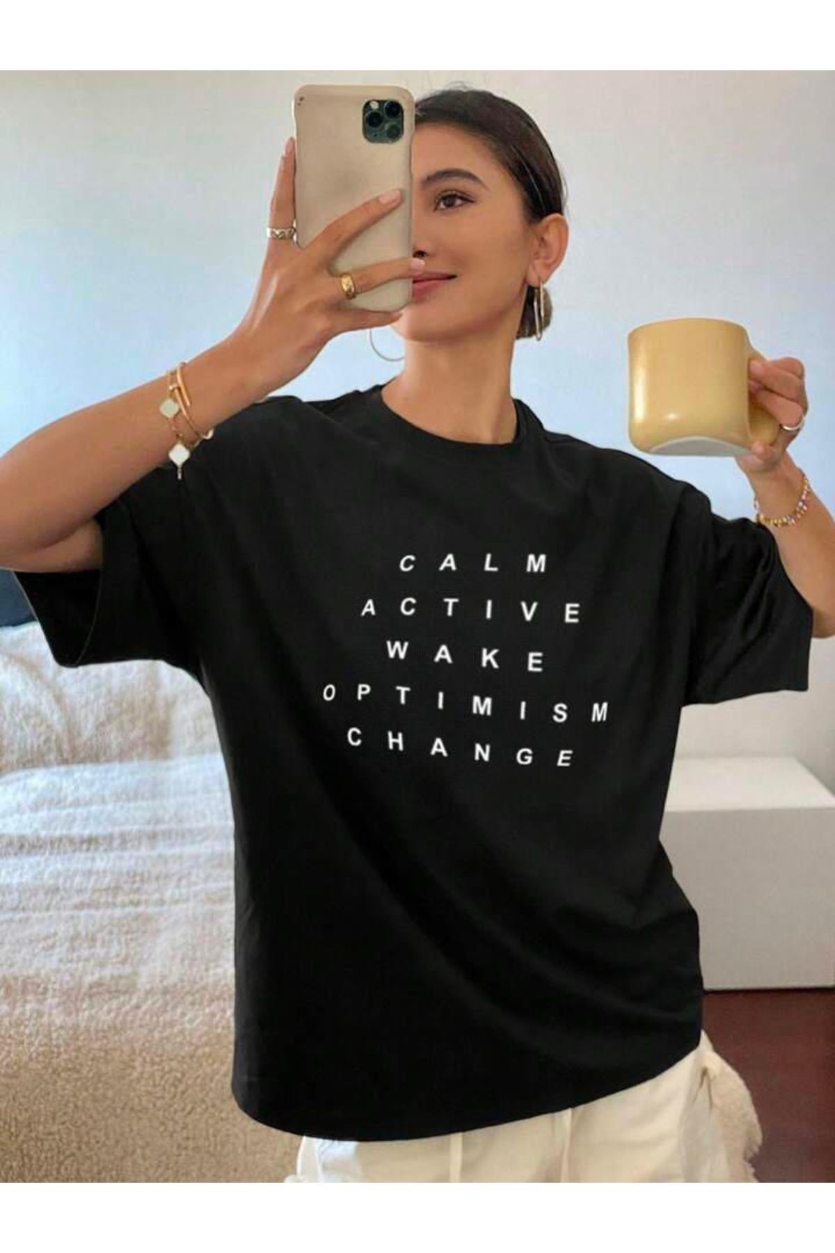 Boi Kadın Calm Active Wake Baskılı Oversize T-shirt-Kısa kol Yazlık Pamuklu Tişört