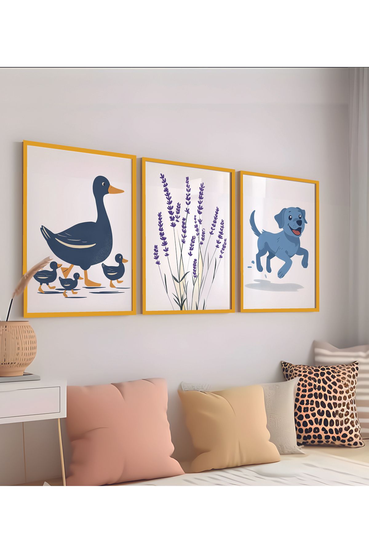 DecovianHomeDesign Doğal Ahşap Çerçeveli Ördek Köpek Desenli 3'lü - Renkli Çocuk Tablosu - Çocuk Odası Tablo Seti