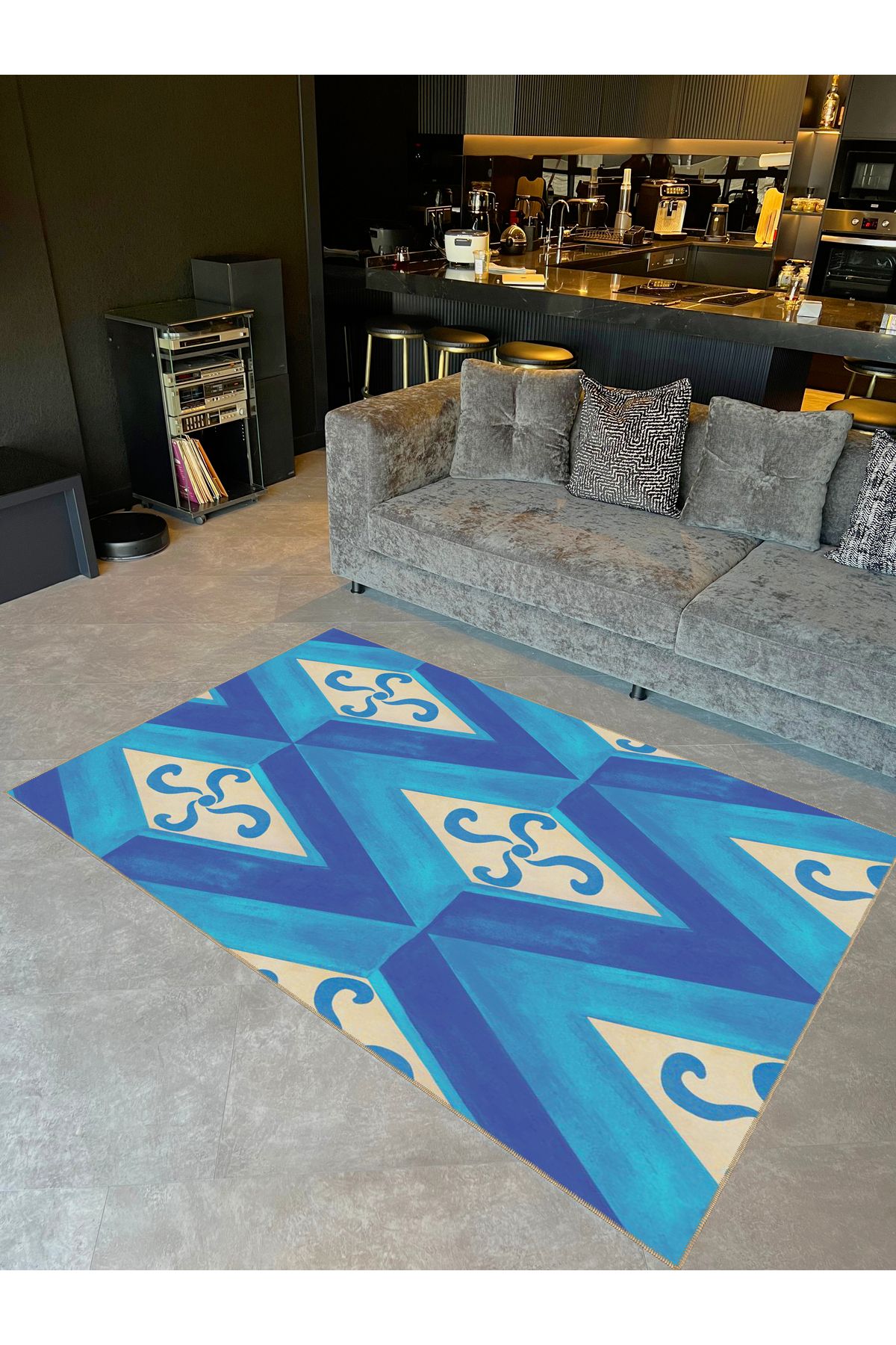 Rugs Modern Halı Emre Koleksiyonu Mavi Temalı Geometrik X Desenli Dokuma Taban Modern Dekoratif Halı 44