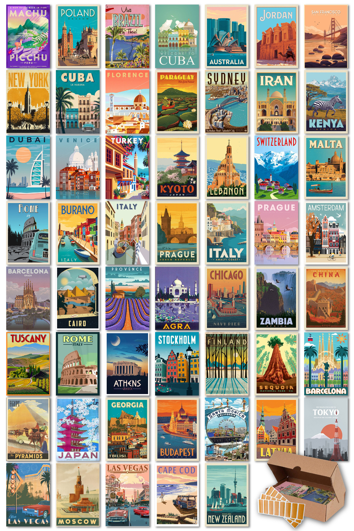 NeoPrint Ülkeler ve Şehirler Kolaj Duvar Kartları Dünya Seyahati Dekoratif Duvar Süsü 54 Adet