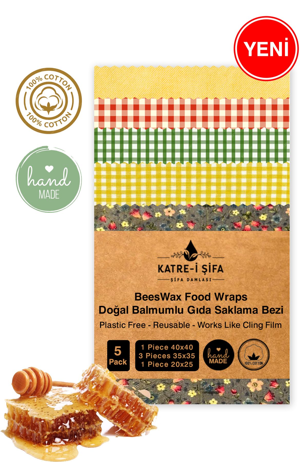 Katre-i Şifa Balmumlu Doğal Gıda Saklama Bezi 5 Parça BeesWax Food Wraps