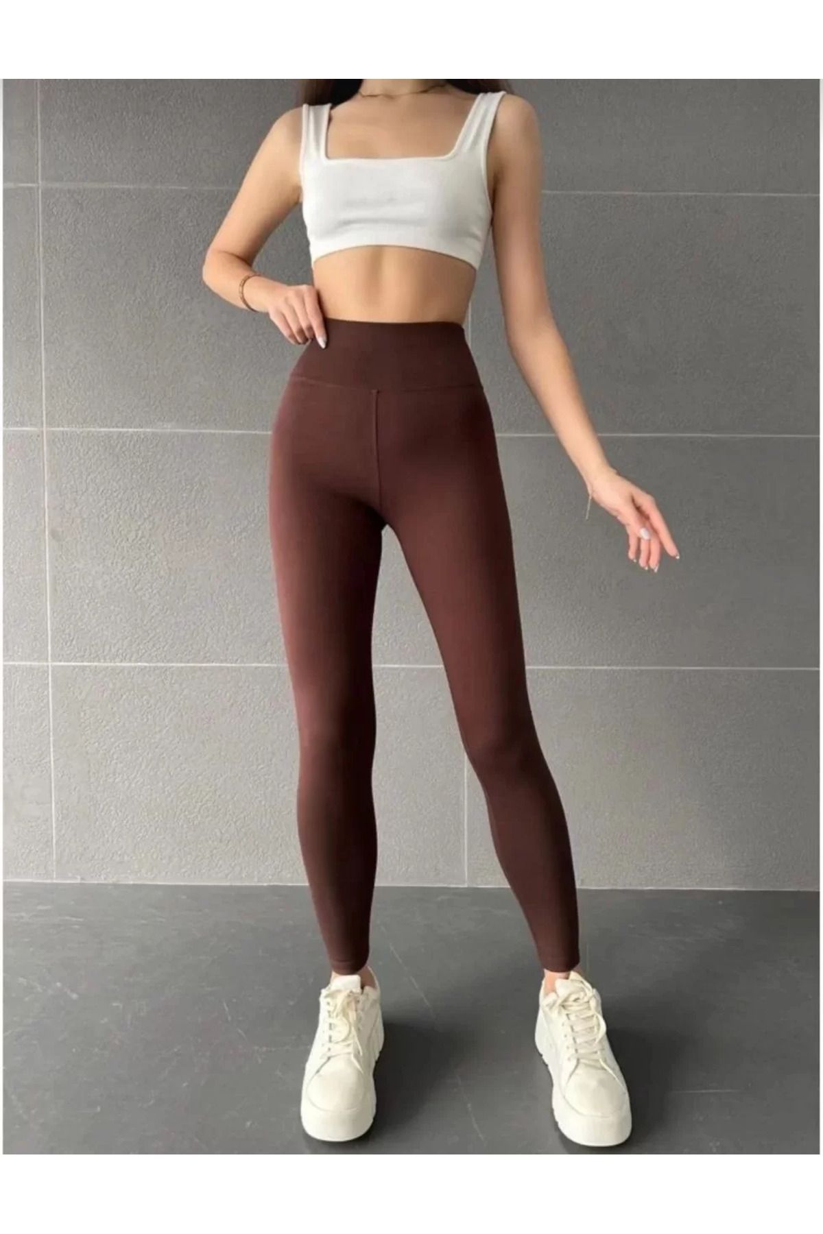 C&Z Collection Nonofit Yüksek bel Düz Sporcu Tayt - Kahve