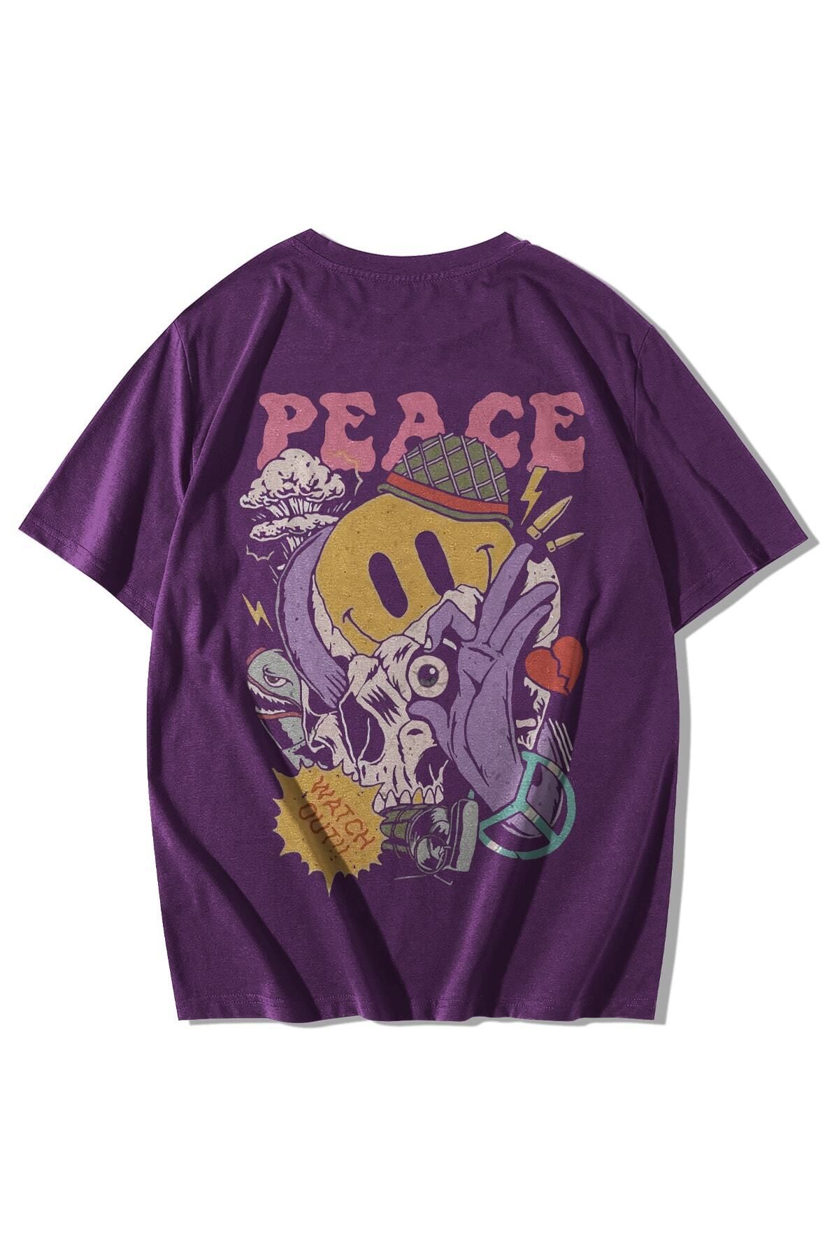 GlowUP Unisex Mor Peace Baskılı Oversize Kısa Kollu Bisiklet Yaka T-shirt