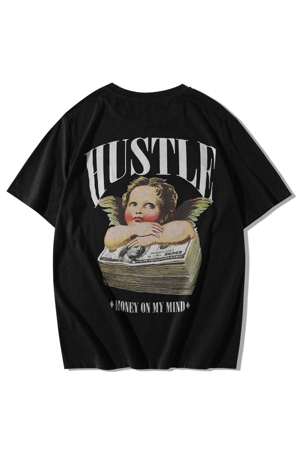 GlowUP Unisex Siyah Hustle Baskılı Oversize Kısa Kollu Bisiklet Yaka T-shirt