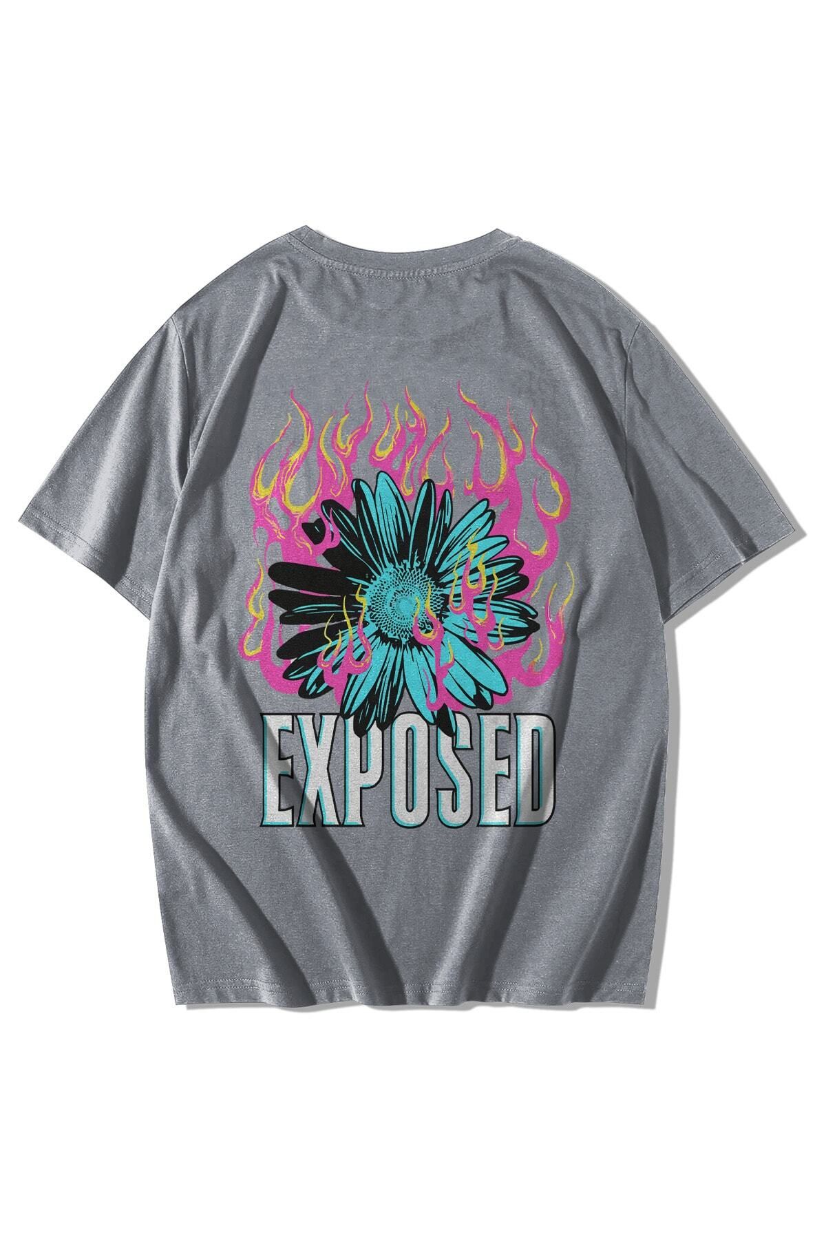 GlowUP Unisex Gri Exposed Baskılı Oversize Kısa Kollu Bisiklet Yaka T-shirt