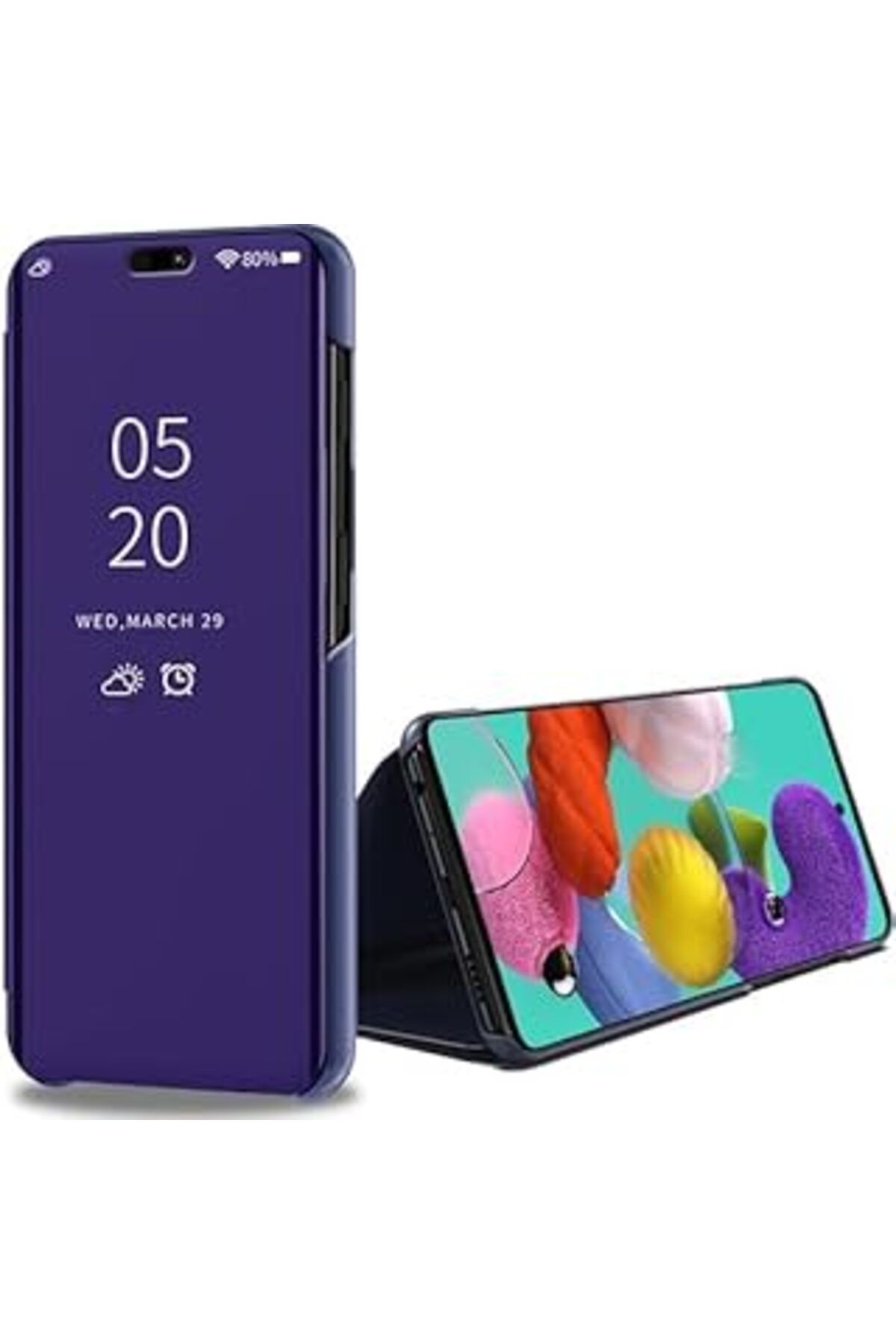 nerede bulurum Galaxy A20S Uyumlu Aynalı Kapaklı Standlı Clear View Kılıf (Mavi)