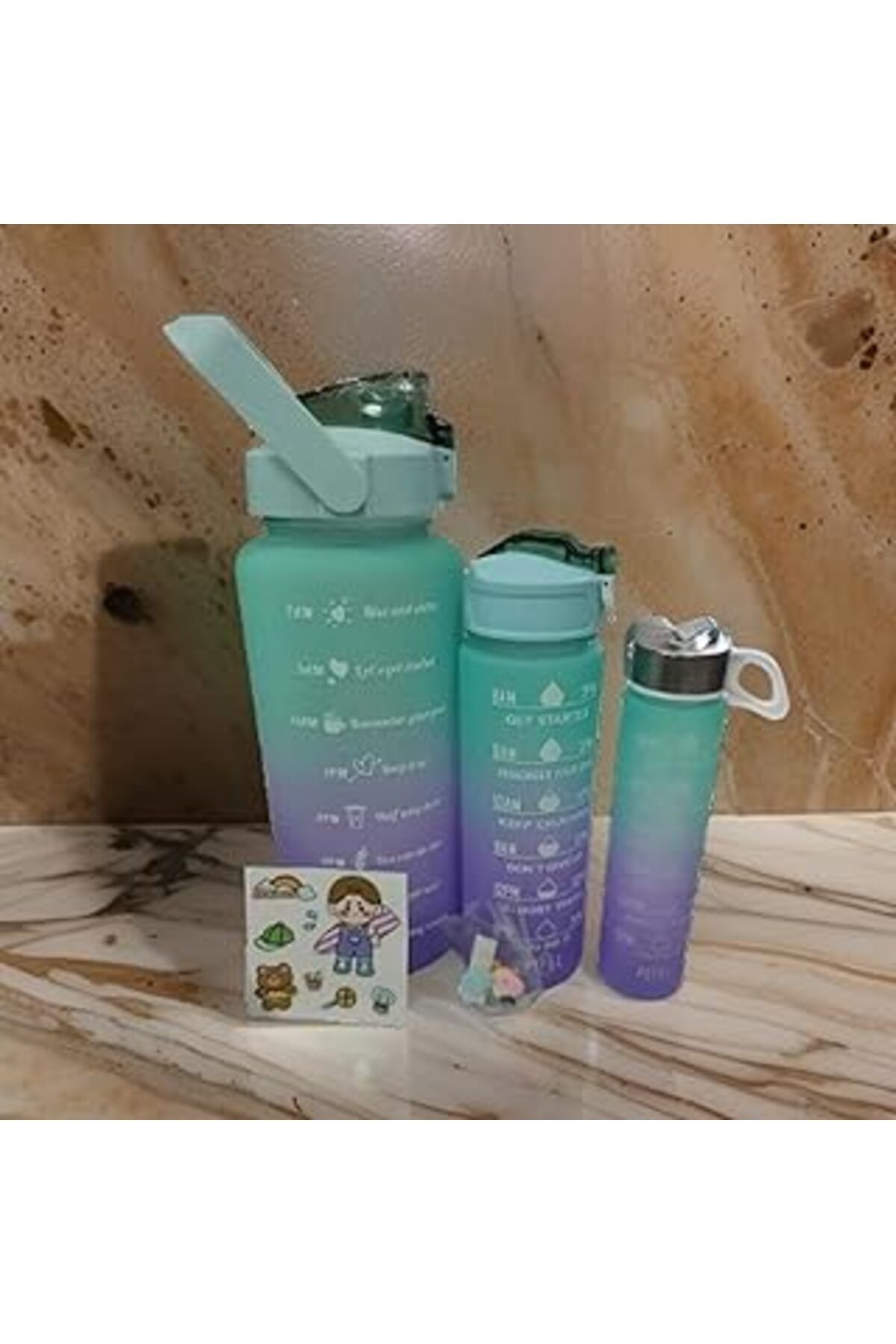 EDALKILIÇ 3’Lü Motivasyonel Su Matarası, 2 Litre 750 Ml 300 Ml Bpa İÇermez Suluk (Pipetli Ve Sticker Hediyeli