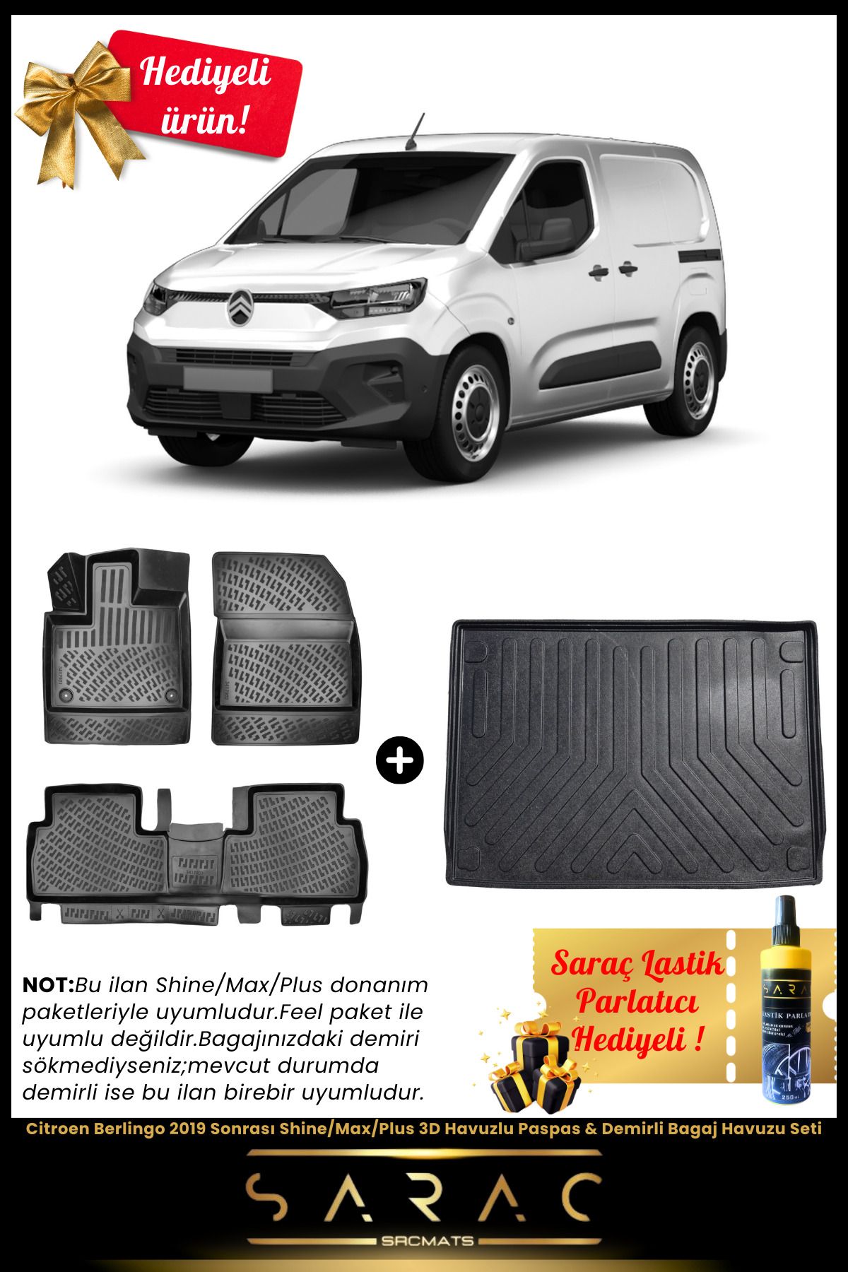 SRCMATS Citroen Berlingo 2019 Sonrası Shine/Max/Plus 3D Havuzlu Paspas & Demirli Bagaj Havuzu Seti+HEDİYELİ!