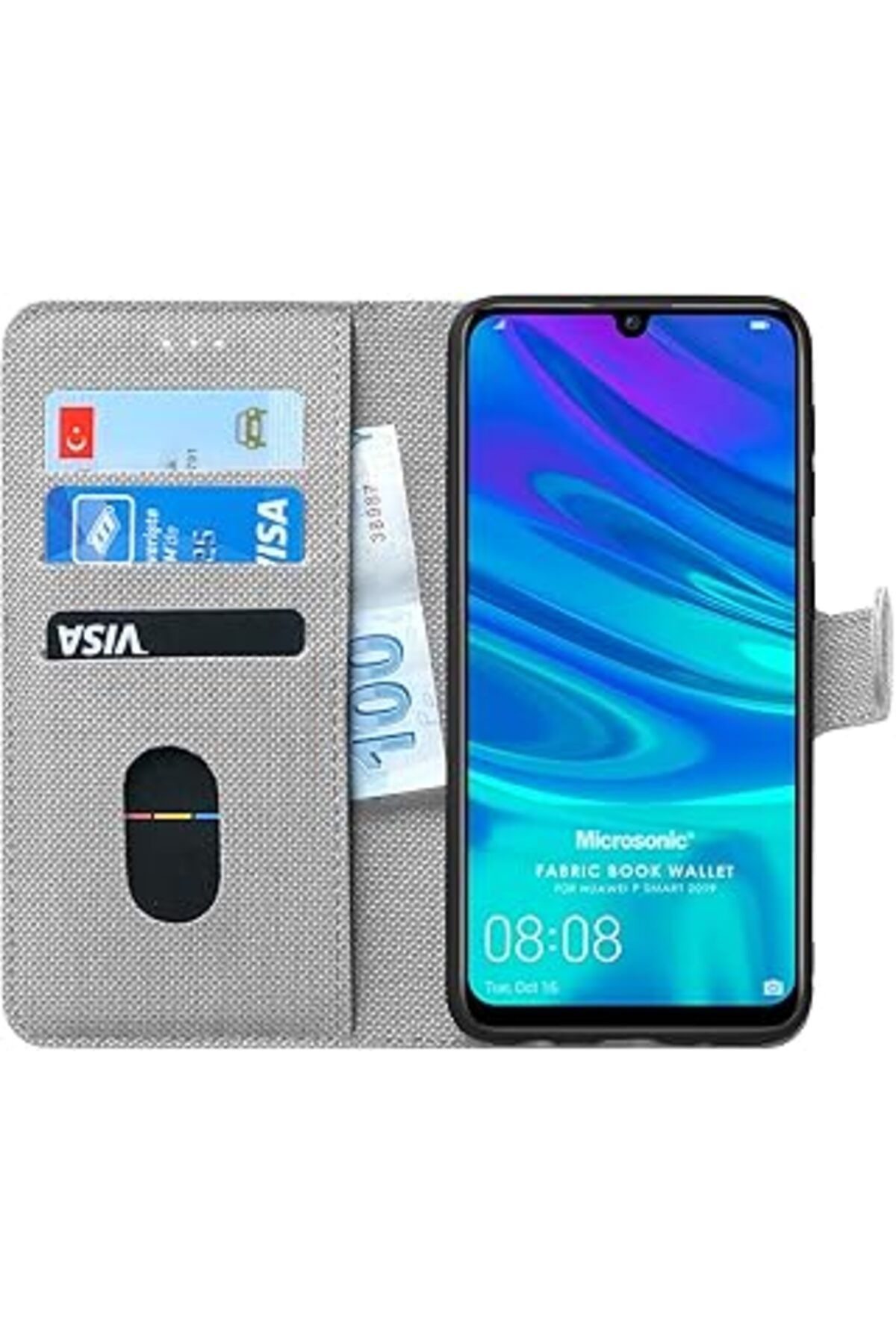 NZM TİCARET Huawei P Smart 2019 Için Kılıf Fabric Book Wallet Gri [P Smart 2019 Ile Uyumlu Kılıf - G