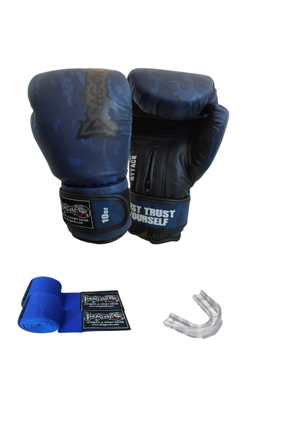 Dragondo Camo Boks Eldiveni Seti Gloves Muay Thai Mavi Kamuflaj Bandaj Mavi Renk Ve Dişlik 3’lü Set