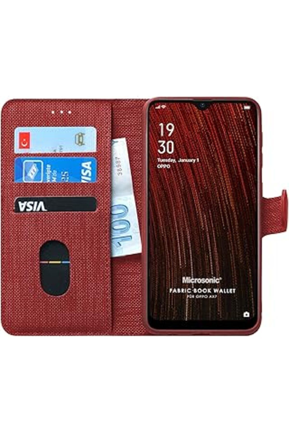 NZM TİCARET Oppo Ax7 Kılıf Fabric Book Wallet Kırmızı