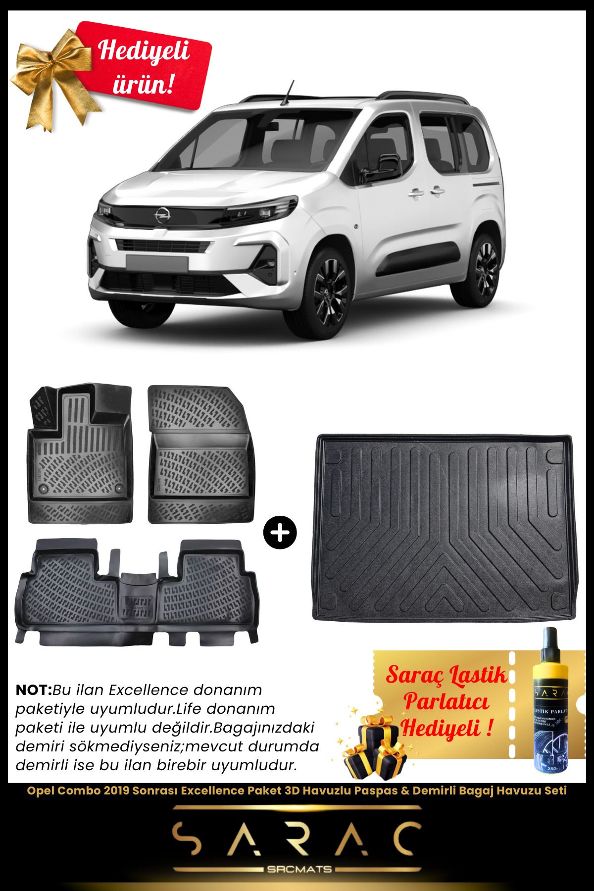 SRCMATS Opel Combo 2019 Sonrası Excellenc Paket 3D Havuzlu Paspas & Demirli Bagaj Havuzu Seti+(HEDİYELİ!)