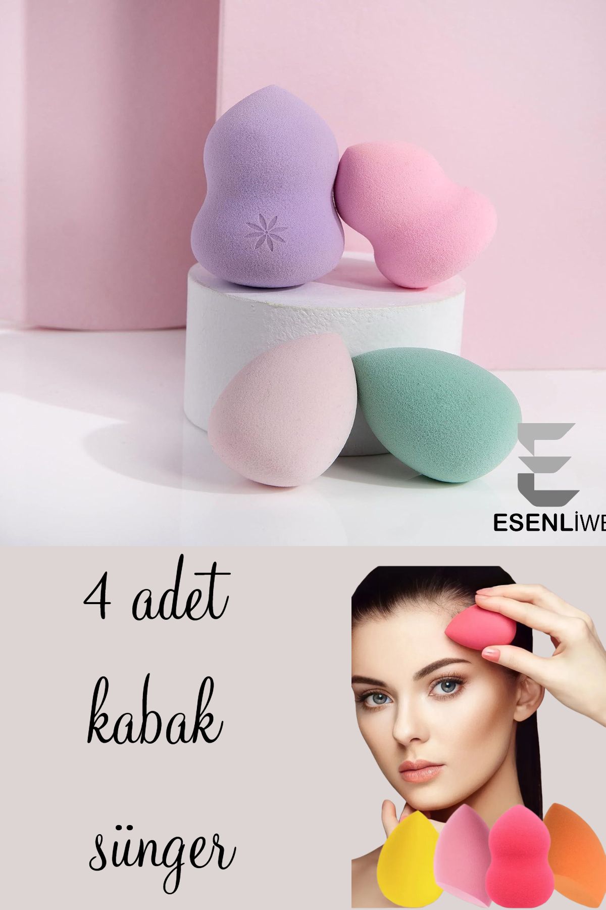 ESENLİWE 4 Adet Yıkanabilir Makyaj Süngeri Islak Ve Kuru Kullanım (Makeup Sponge)