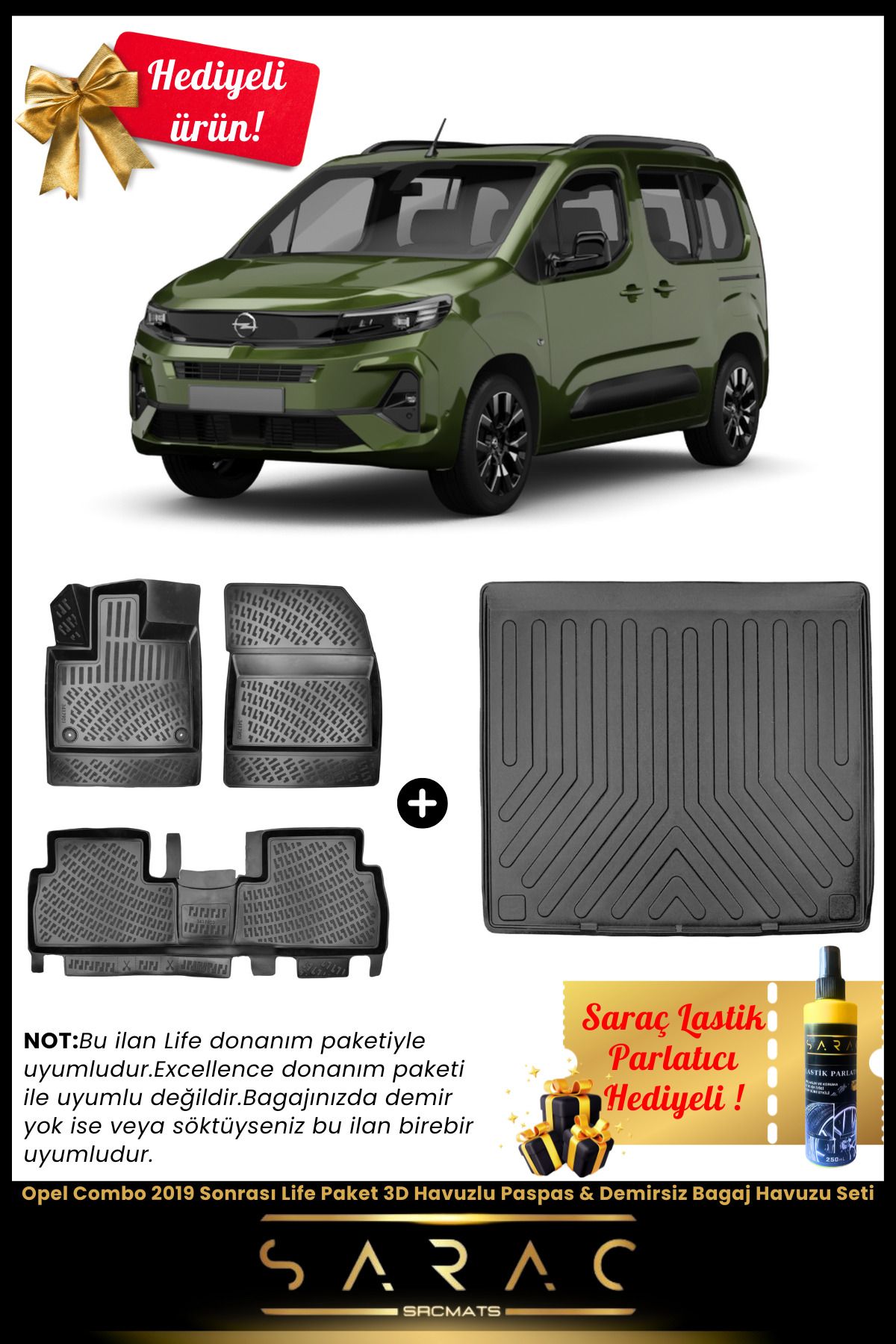 SRCMATS Opel Combo 2019 Sonrası Life Paket 3D Havuzlu Paspas & Demirsiz Bagaj Havuzu Seti+(HEDİYELİ!)