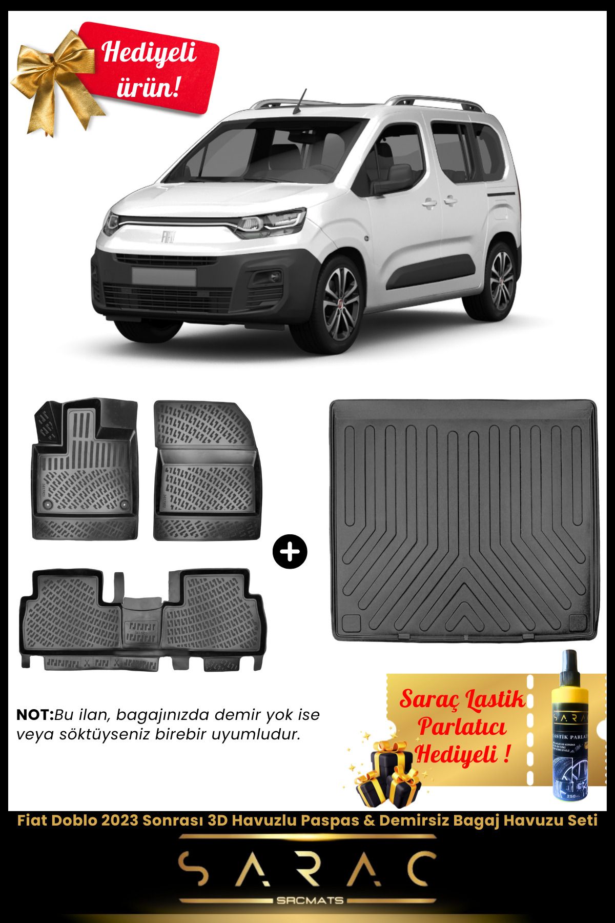 SRCMATS Fiat Doblo 2023 Sonrası Araca Özel 3D Havuzlu Paspas & Demirsiz Bagaj Havuzu Seti+(HEDİYELİ!)