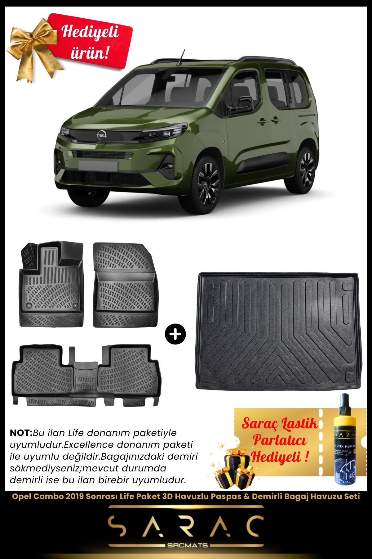 SRCMATS Opel Combo 2019 Sonrası Life Paket 3D Havuzlu Paspas & Demirli Bagaj Havuzu Seti+(HEDİYELİ!)