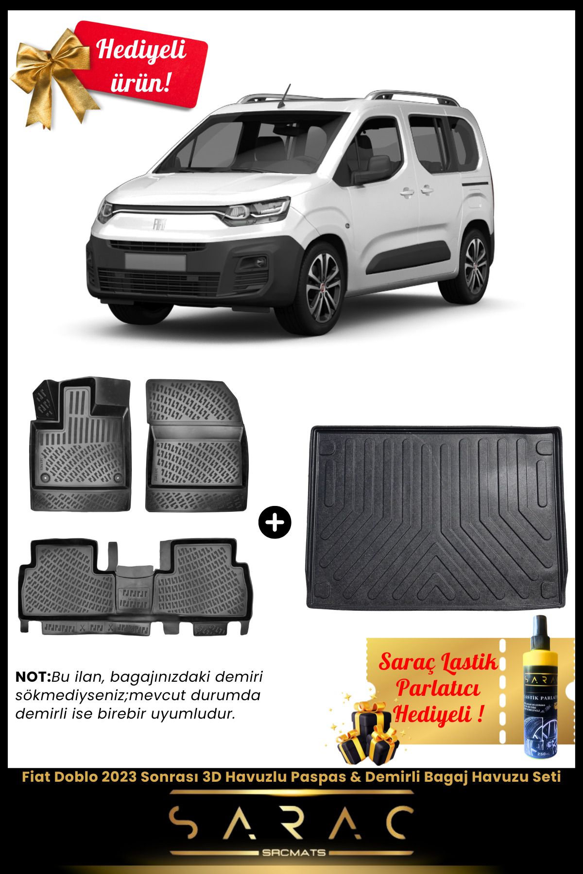 SRCMATS Fiat Doblo 2023 Sonrası Araca Özel 3D Havuzlu Paspas & Demirli Bagaj Havuzu Seti+(HEDİYELİ!)