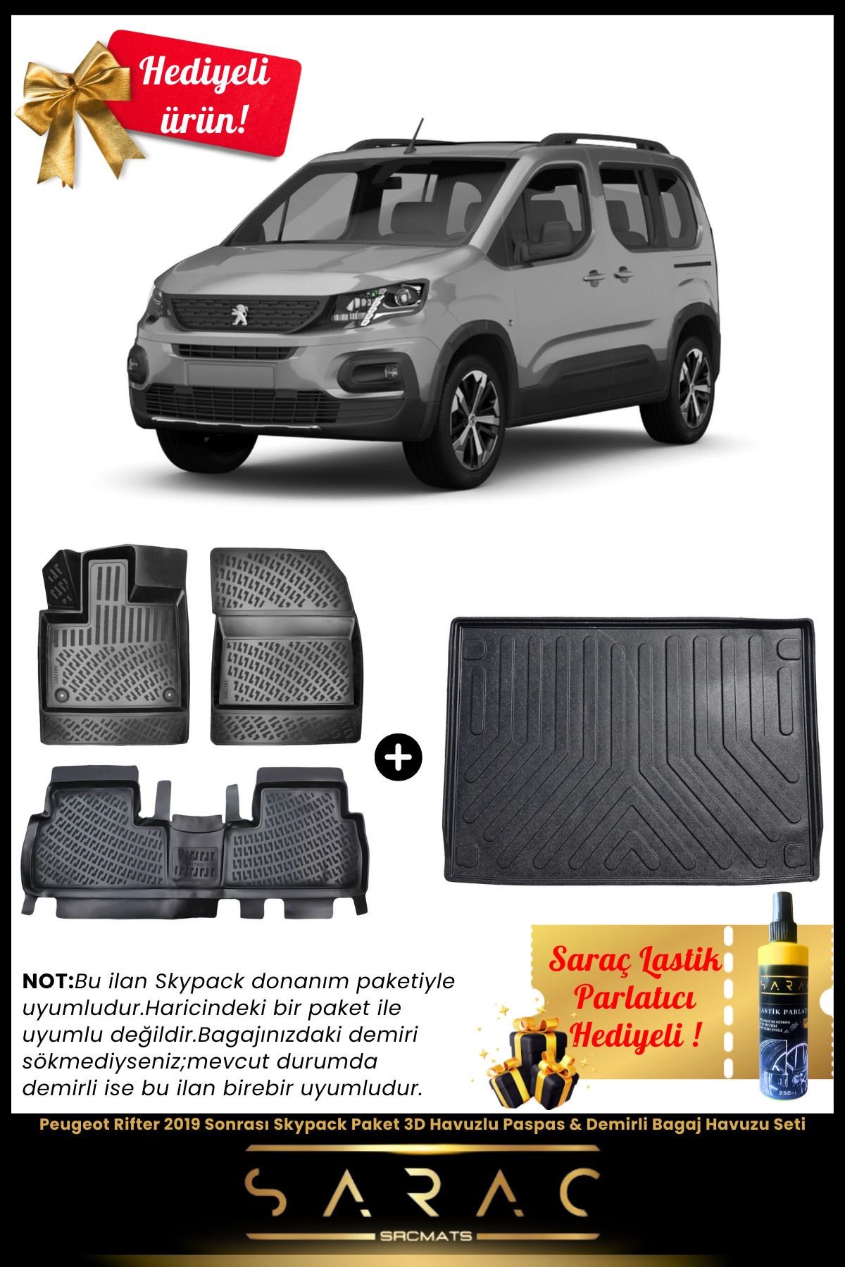 SRCMATS Peugeot Rifter 2019 Sonrası Skypack Paket 3D Havuzlu Paspas & Demirli Bagaj Havuzu Seti+(HEDİYELİ!)