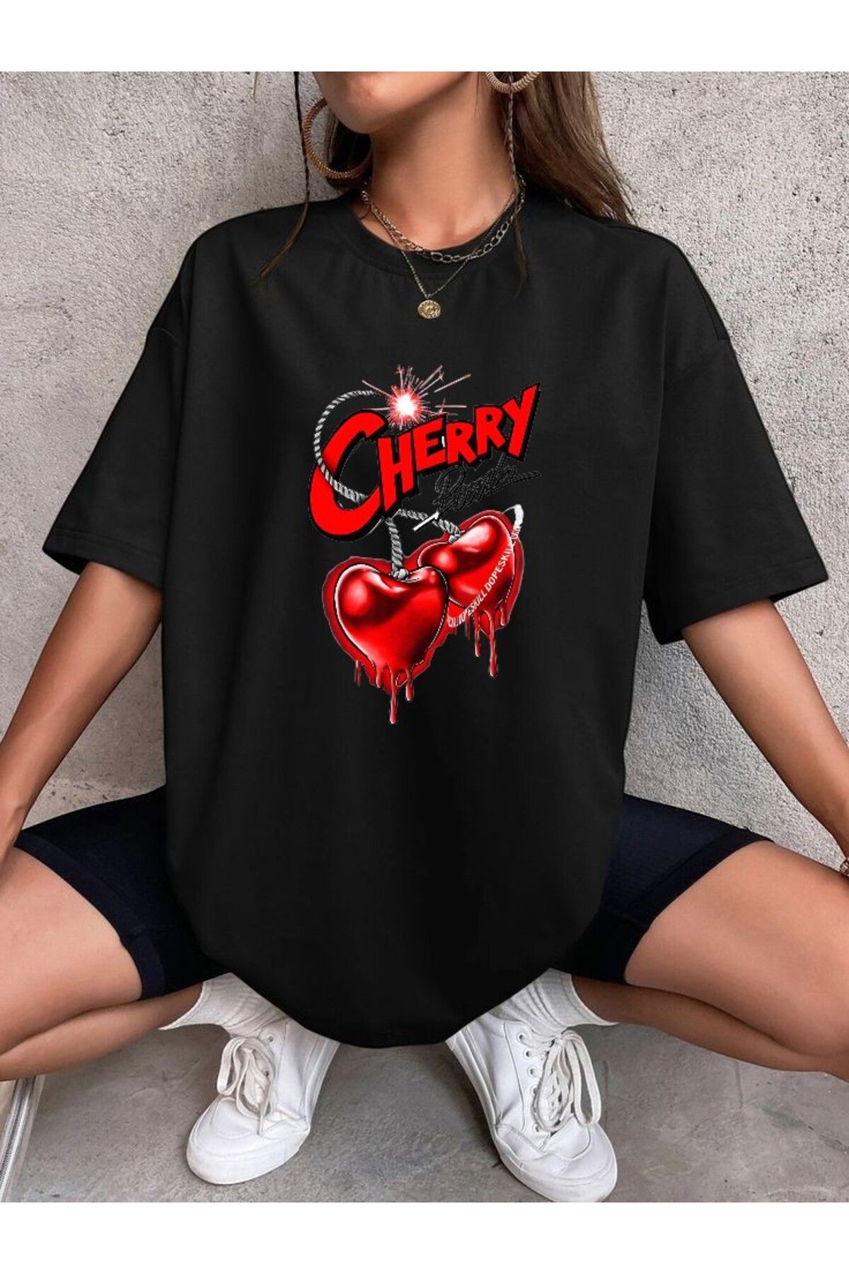 BLACKUMAY Cherry Kiraz Baskılı Oversize Bisiklet Yaka T-shirt