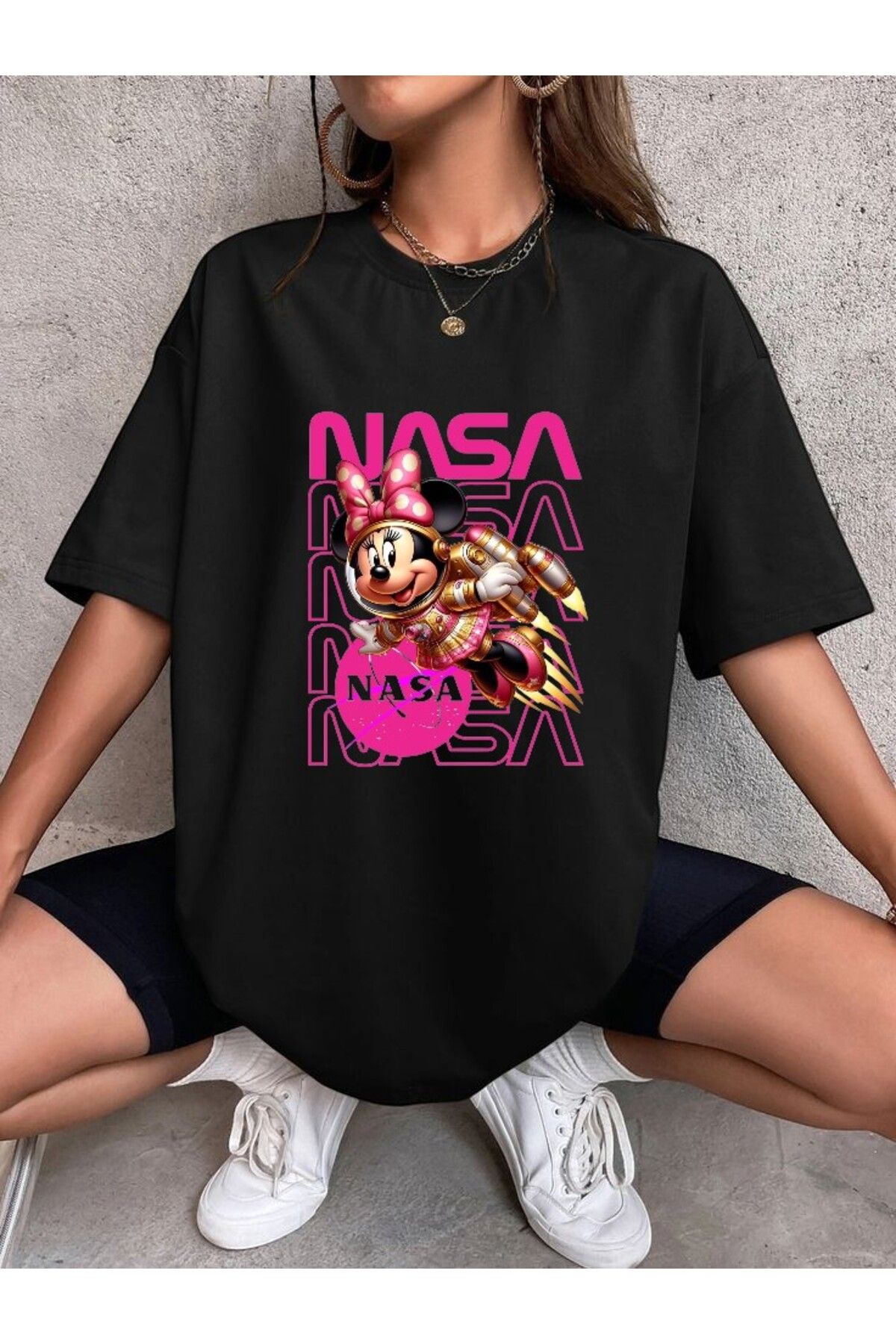 BLACKUMAY Nasa Minne Mause Baskılı Oversize Bisiklet Yaka T-shirt