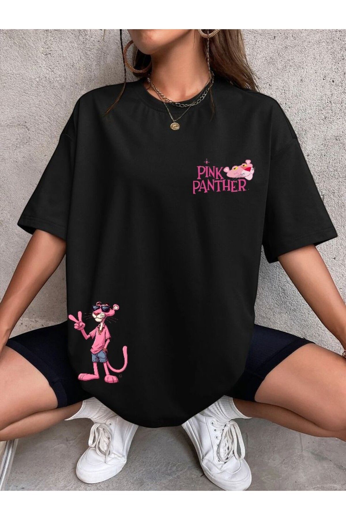 BLACKUMAY Pink Panter Baskılı Oversize Bisiklet Yaka T-shirt