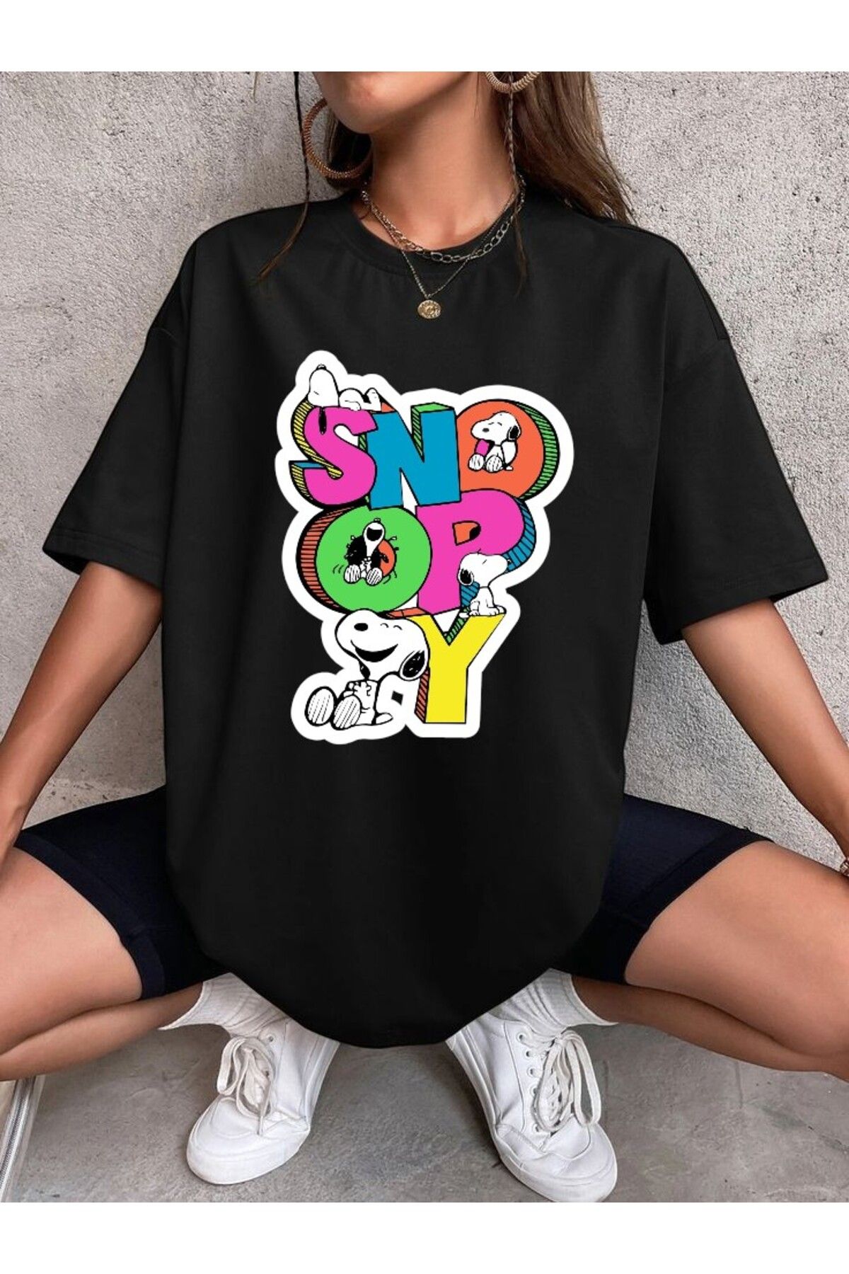 BLACKUMAY Renkli Snoopy Baskılı Oversize Bisiklet Yaka T-shirt