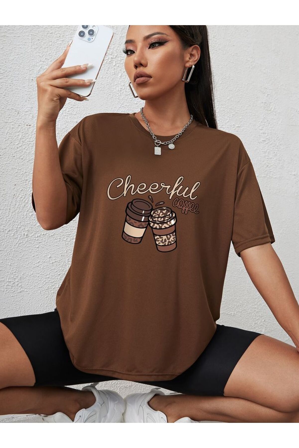 BLACKUMAY Cheerful Caffee Baskılı Oversize Bisiklet Yaka T-shirt