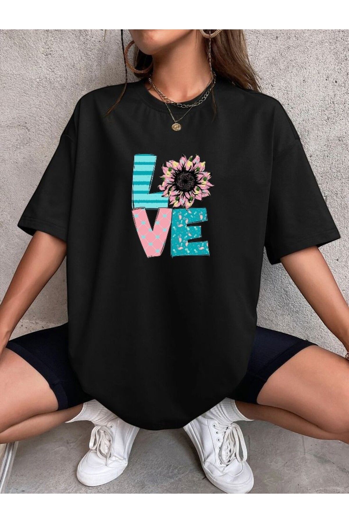 BLACKUMAY Love Çiçek Baskılı Oversize Bisiklet Yaka T-shirt