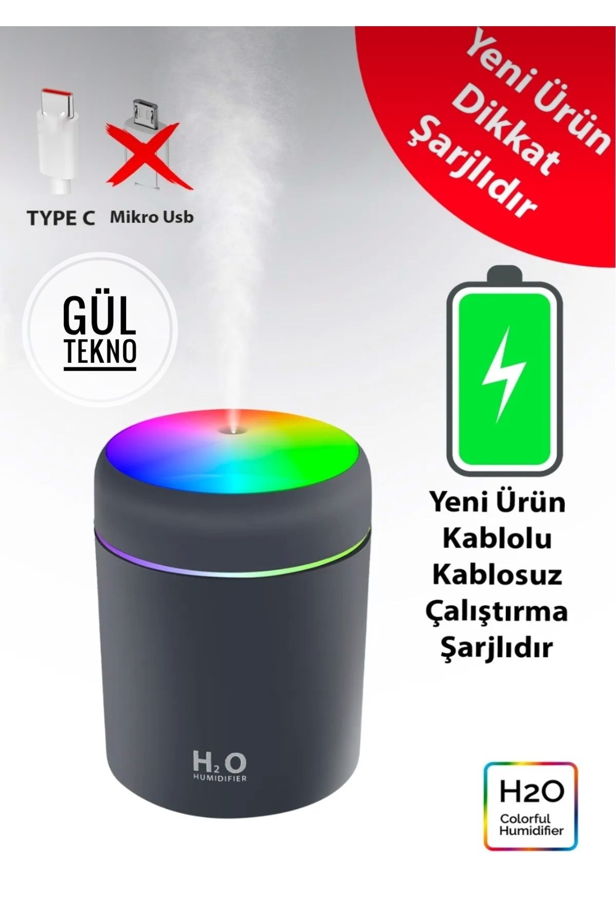 GÜLTECH Şarjlı Hava Nemlendirici Humidifier 300ml Araç Ev Ofis Nemlendirici Koku Bombası