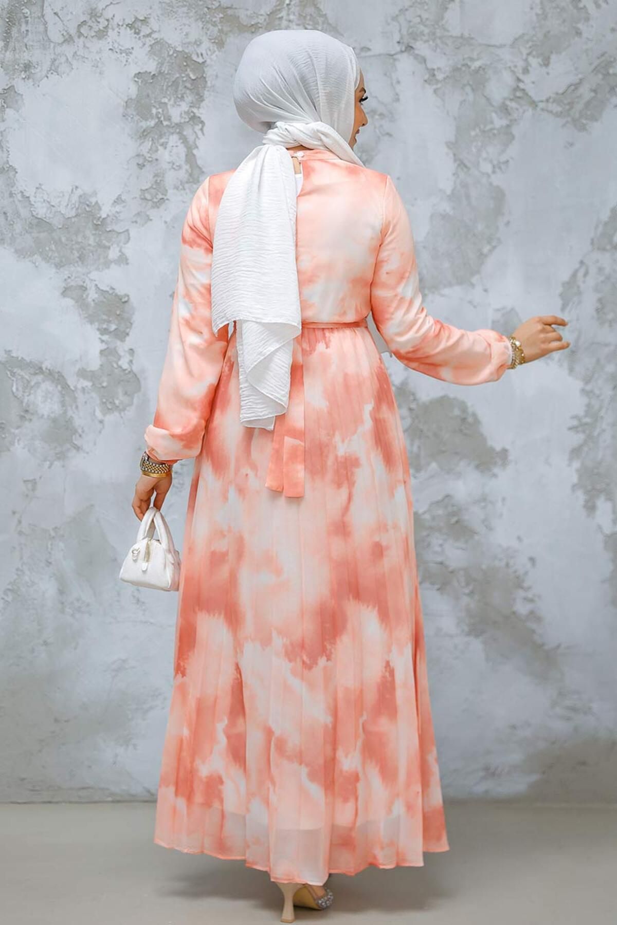 Neva Style-Salmon Print Hijab Dress - 34469Smn 3