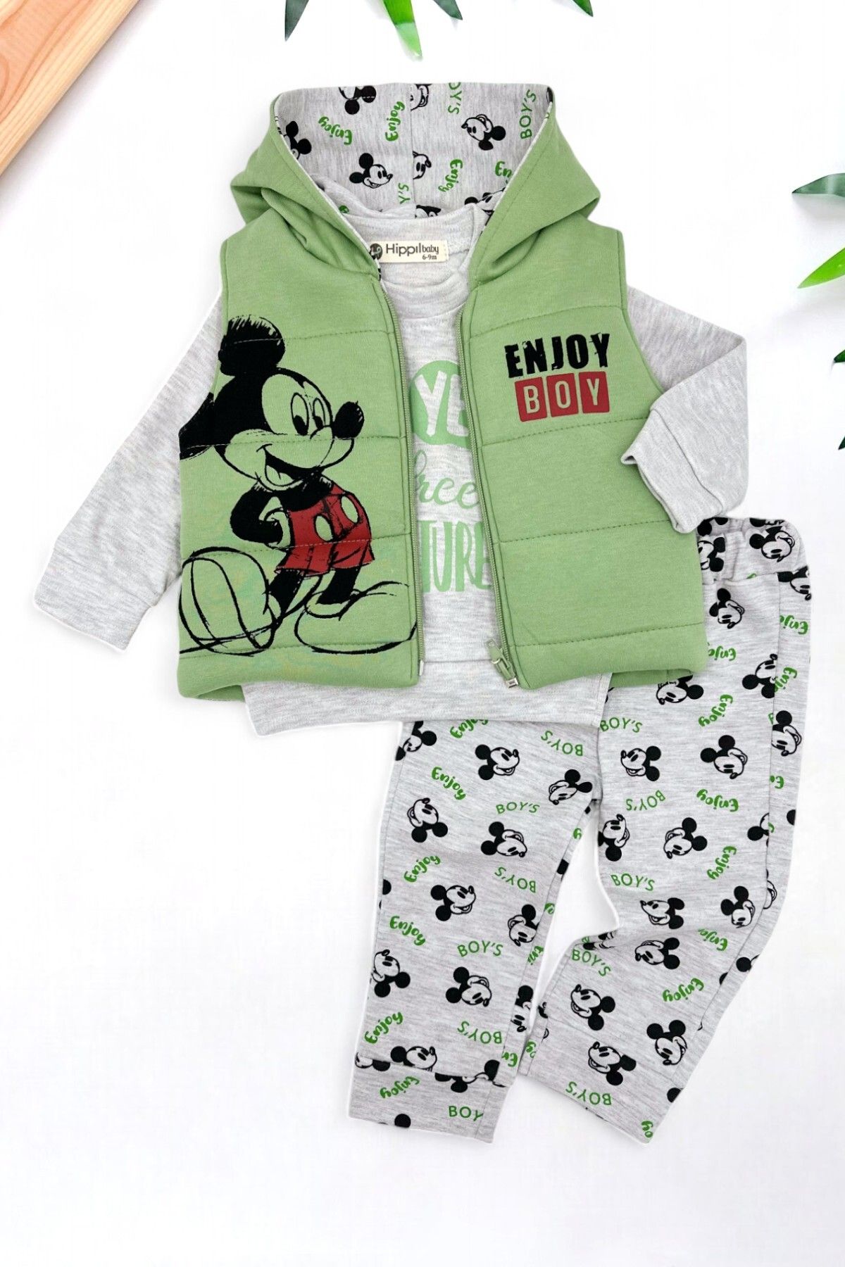 voyyo kids baby ERKEK BEBEK MİCKEY MOUSE BASKILI ELYAF DOLGULU ŞİŞME YELEKLİ 6-9-12-18 AY BEBEK TAKIMI