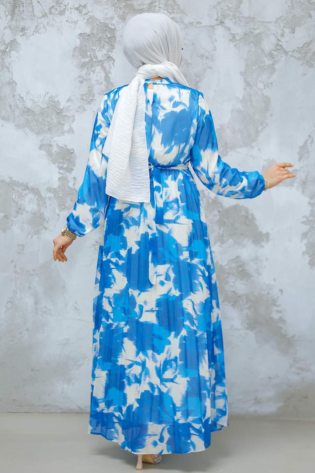 Neva Style-Floral Print Indigo Blue Hijab Dress 344602 Im 3