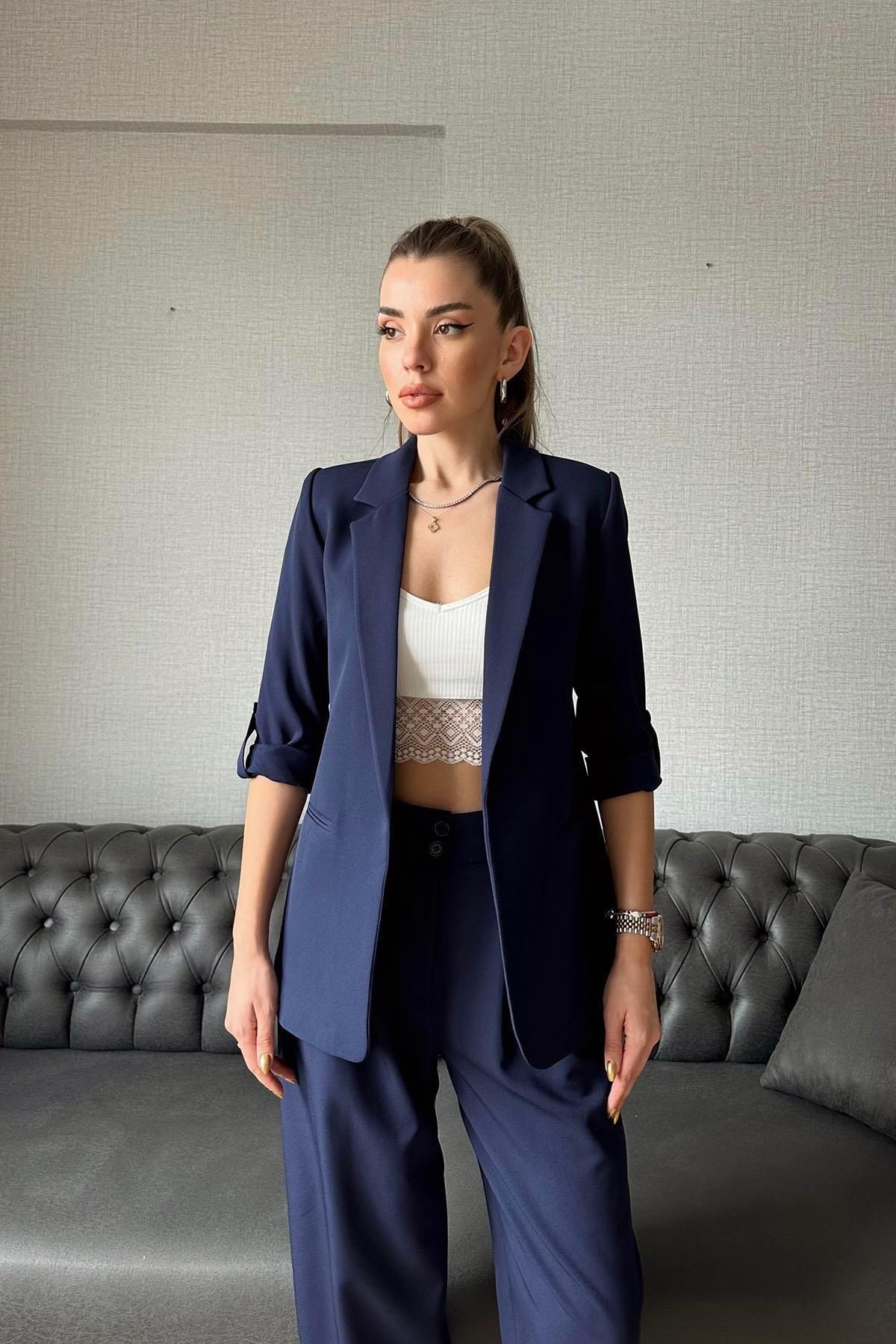 Moda cameo Kıvırmalı Kol İnce Bel Blazer Ceket Lacivert