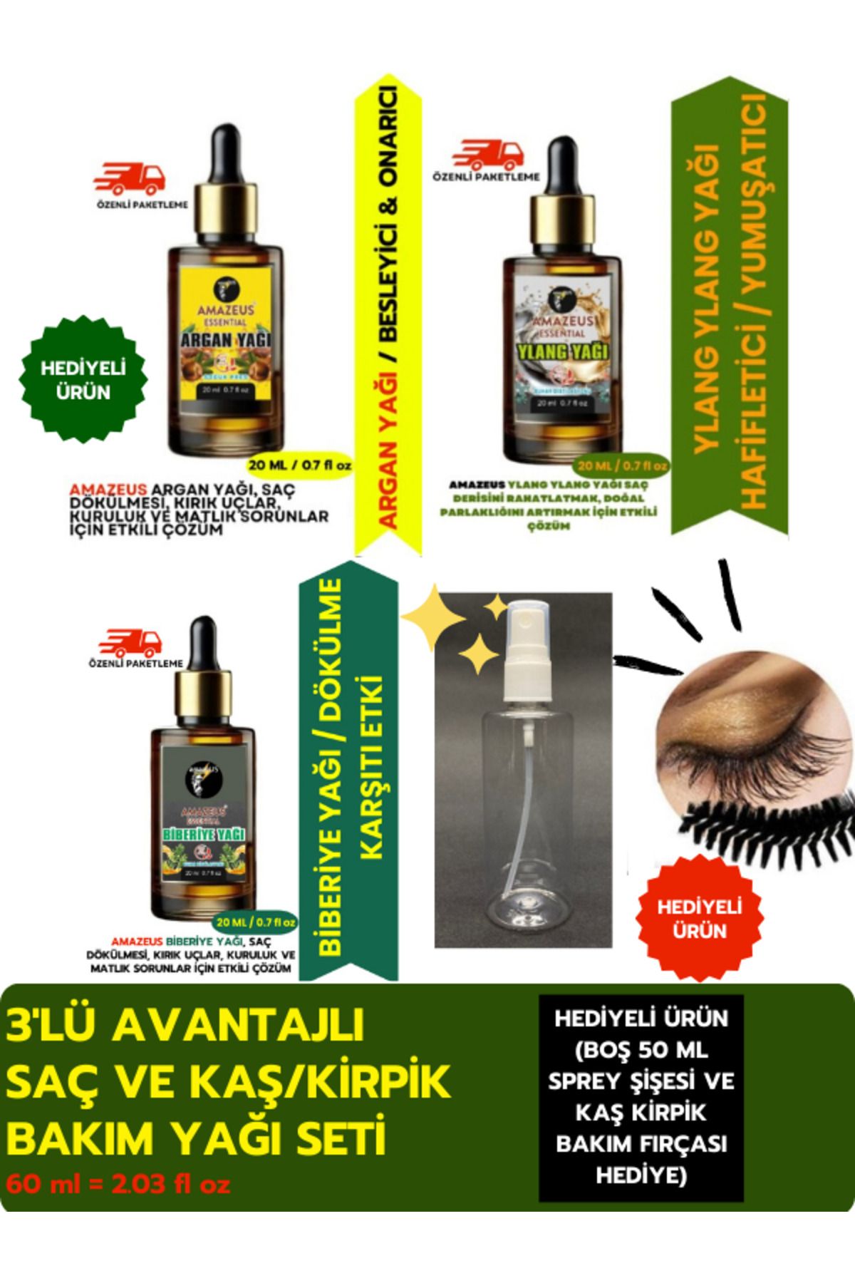 Amazeus ARGAN 20 ML, YLANG 20 ML, BİBERİYE 20 ML (3'LÜ BİTKİSEL YAĞ SETİ) %100 SAF VE DOĞAL (HEDİYELİ ÜRÜN)