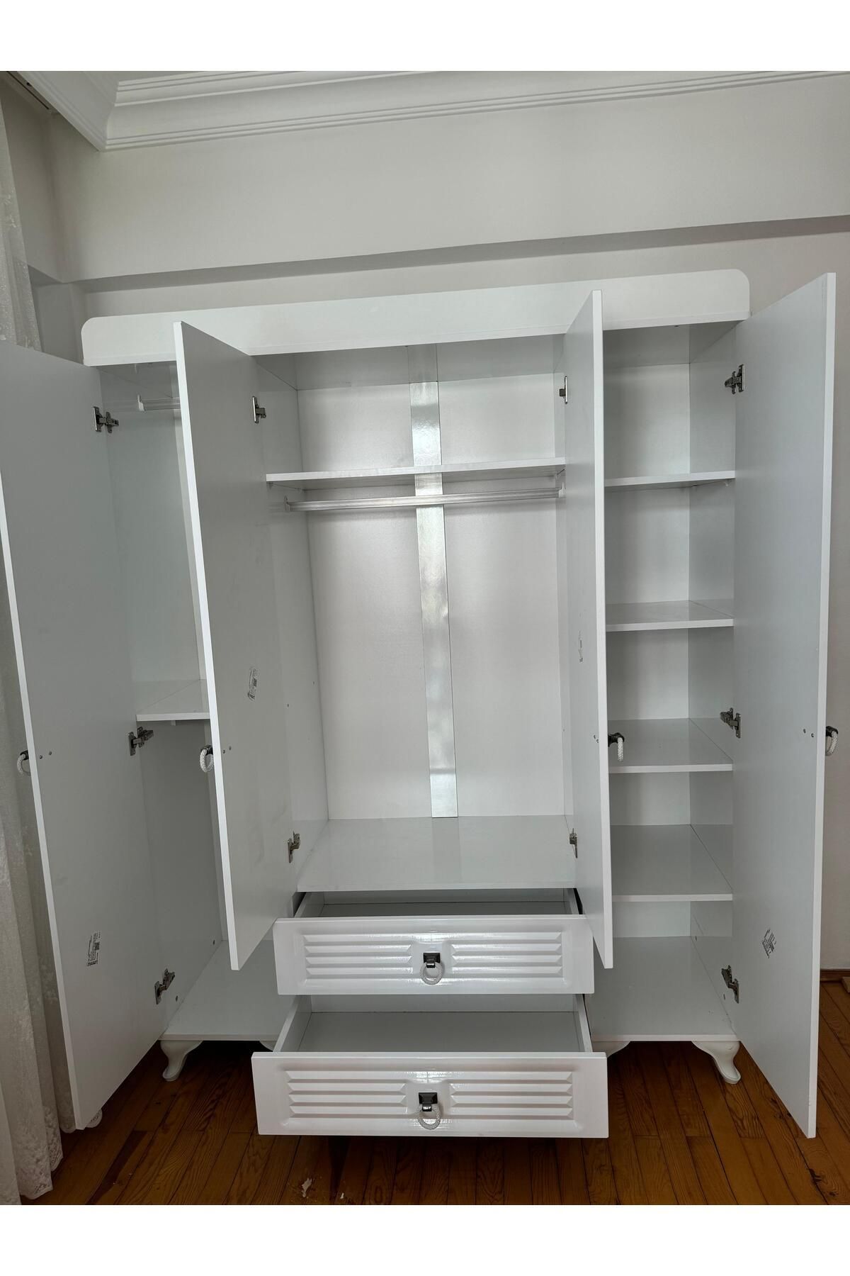 Mebran Kapaklı, Frenli, Çekmeceli, Teleskopik Raylı, Üst Kalite 4 Kapaklı Gardırop 208 X 162 x 52-4