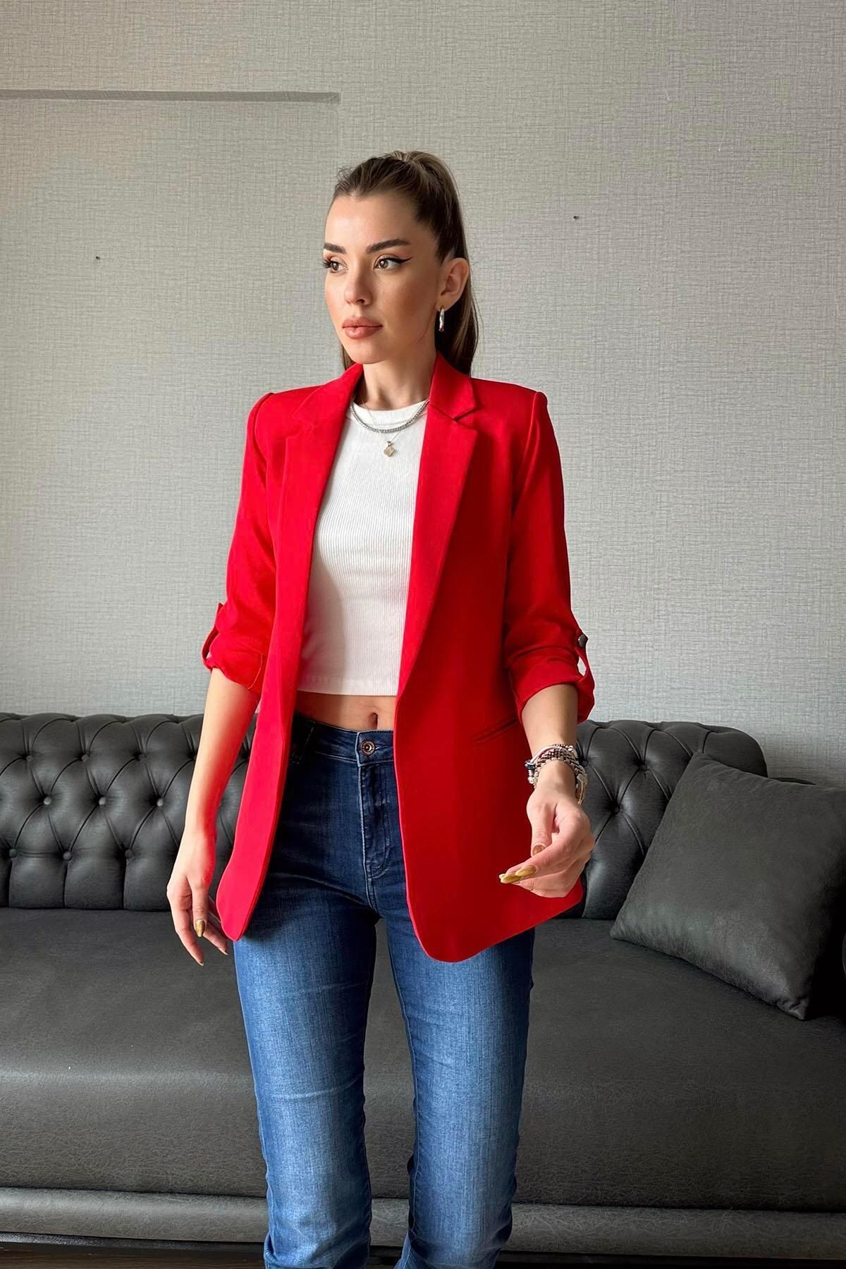 Moda cameo Kıvırmalı Kol İnce Bel Blazer Ceket Kırmızı