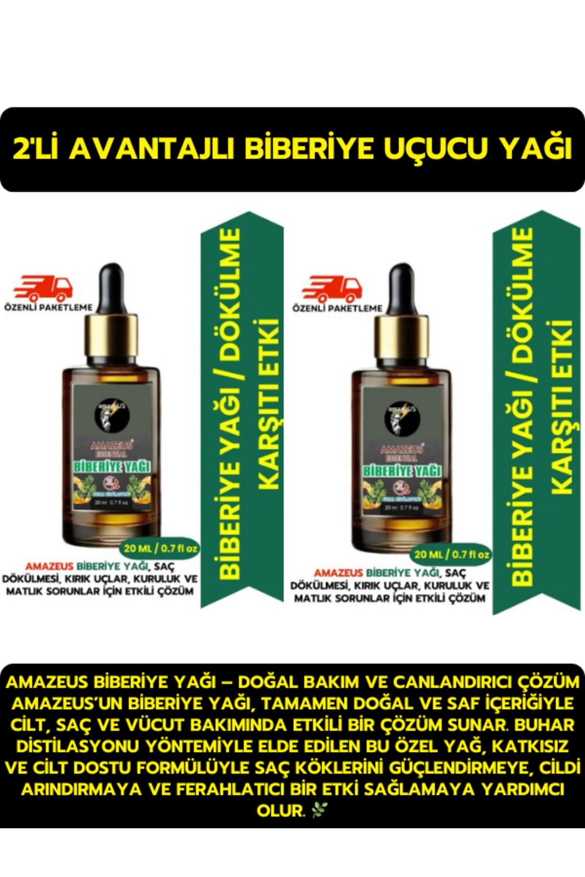 Amazeus 2'Lİ BİBERİYE UÇUCU YAĞI (%100 SAF VE DOĞAL) DÖKÜLME ÖNLEYİCİ ETKİ (2X20 ML)