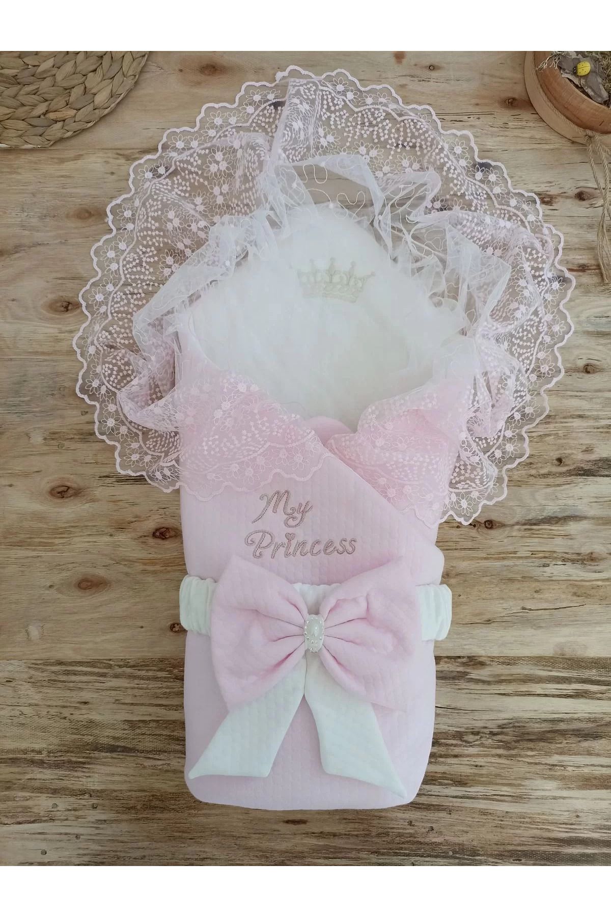 BABY WEAR Bal Peteği My Princess Taç Nakış İnci Fiyonklu Dantel Duvaklı Delüks Kundak  Pembe