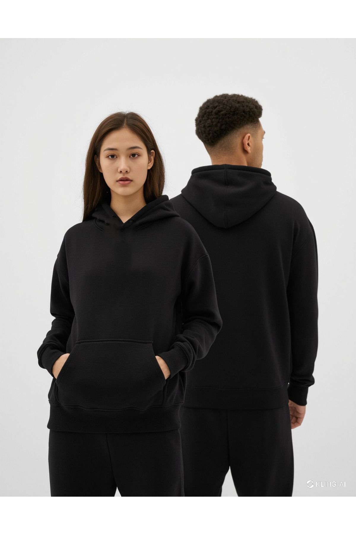 DEEPSENCE Unisex 2li Siyah Oversize Kapüşonlu Düz Sweatshirt Şardonlu Kumaş