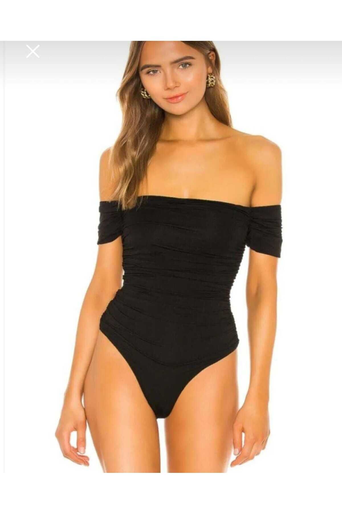 Nsb Tasarım Kadın Siyah Düşük Omuz Bodysuit