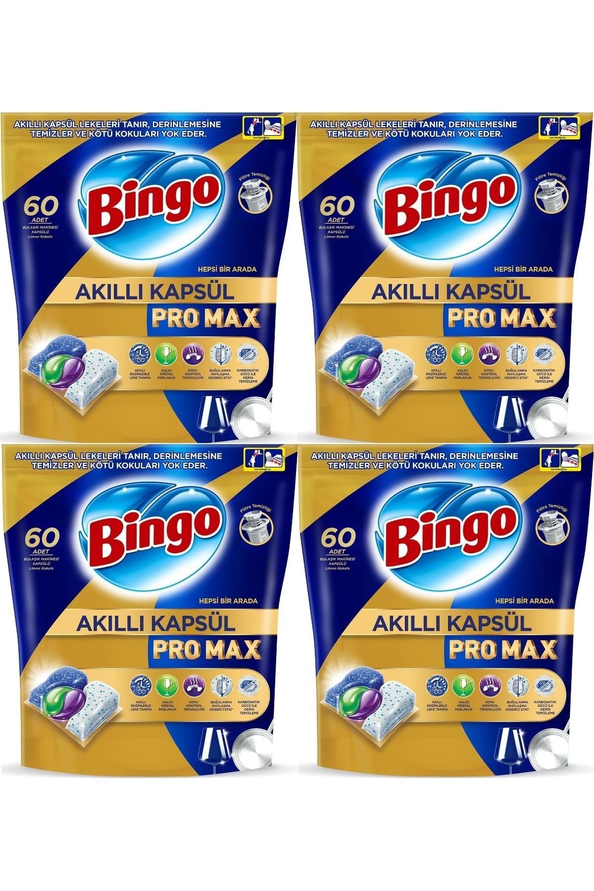 Bingo Akıllı Kapsül Pro Max Bulaşık Makinesi Deterjanı Tableti 240 Adet Limon Kokulu (4PK*60)