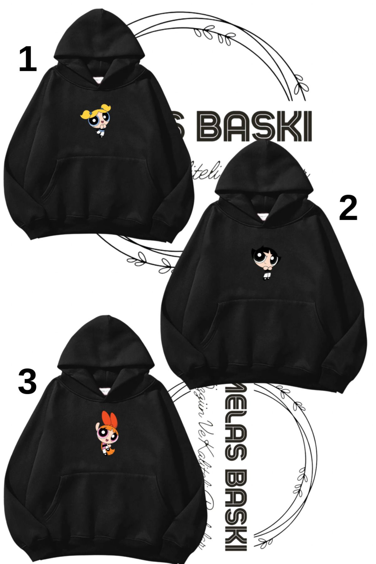 MELAS BASKI 3’LÜ POWERPUFF GIRLS %100 PAMUK ÜÇ İPLİK ŞARDONLU SWEATSHIRT