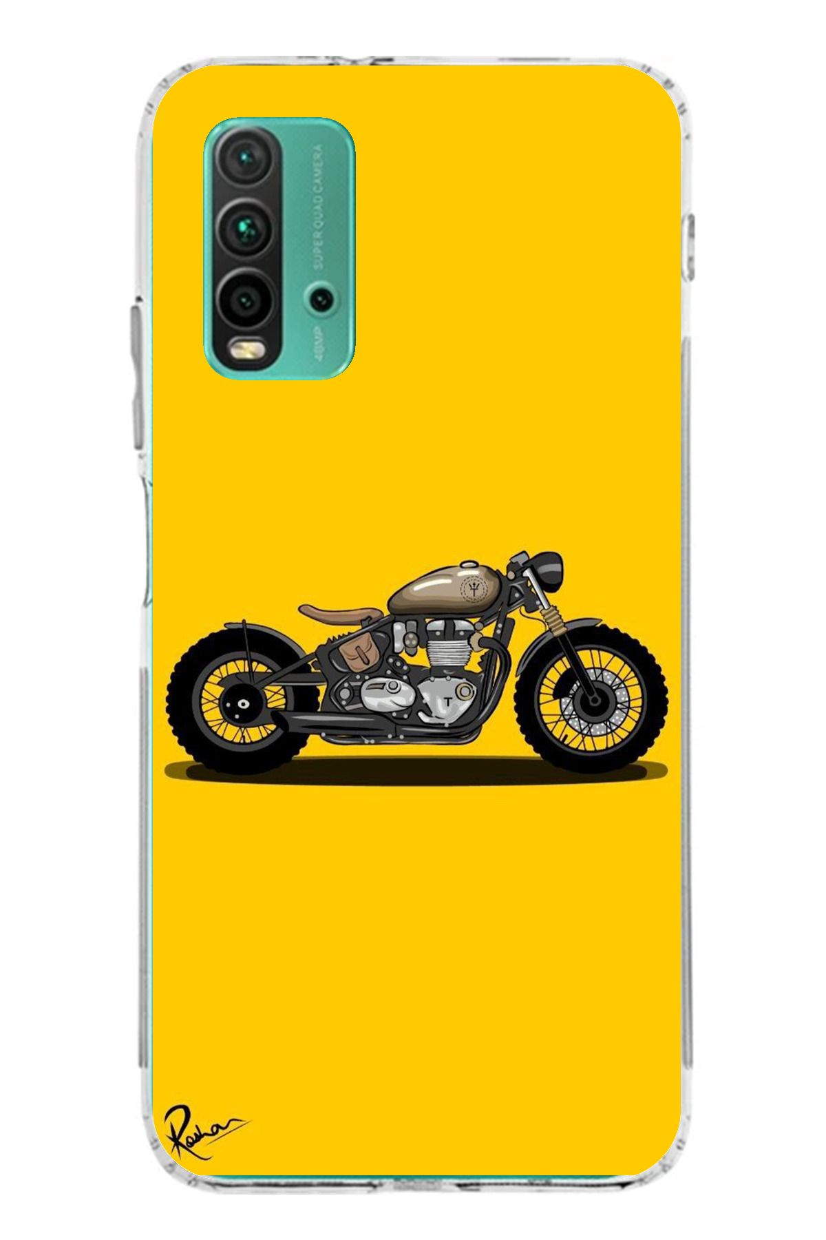 TechTree Redmi 9T Uyumlu Klasik Motor Sarı Tasarımlı Şeffaf Silikon Kılıf