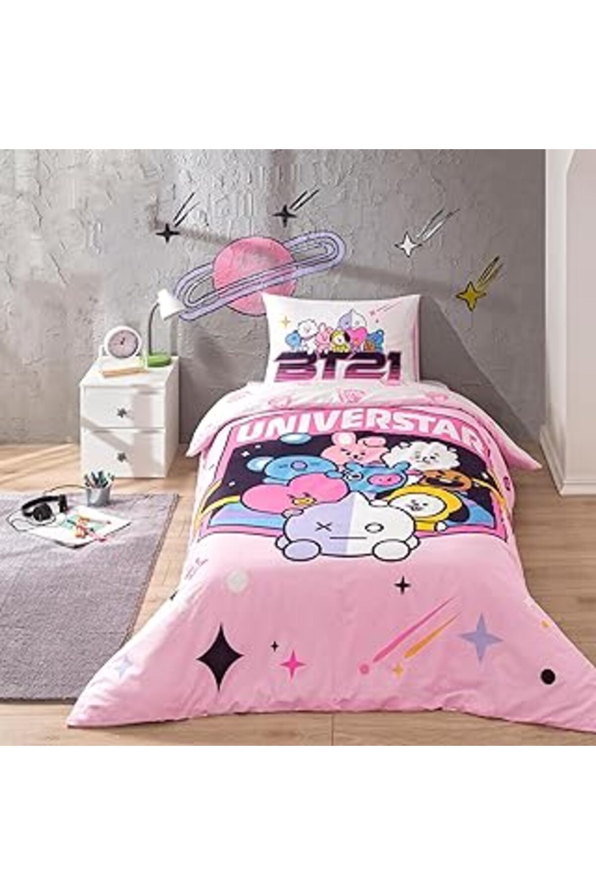 ShopZum Bt21 Universtar Lisanslı Karakter Baskılı%100 Pamuk Nevresim Takımı, Çok Renkli, Tek Kişilik (N